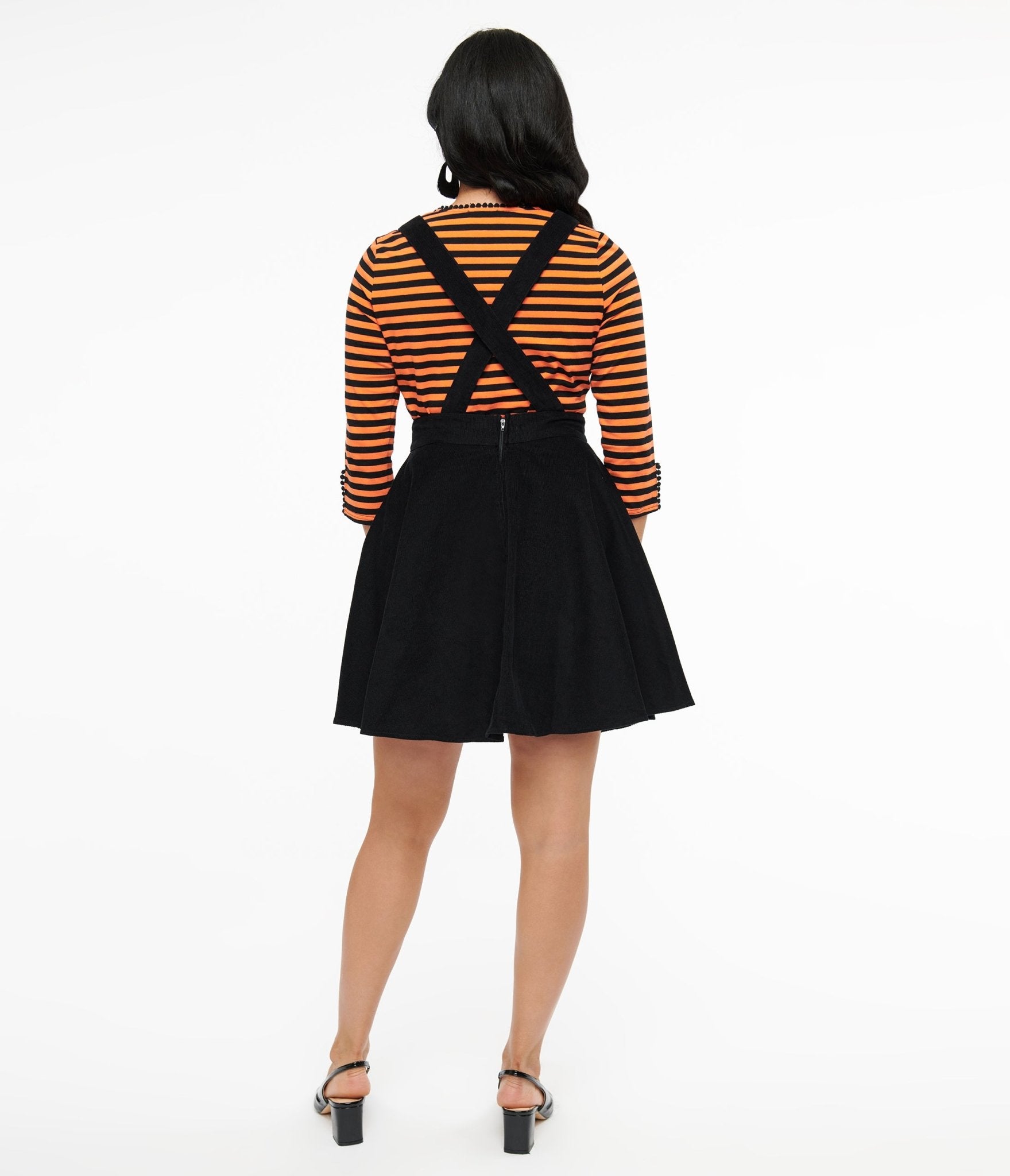 Vintage 1950s Black & Orange Jack O'Lantern Pinafore Dress - Retro Halloween Costume for Women, 50s Style Party Outfit & Photo Shoot Prop