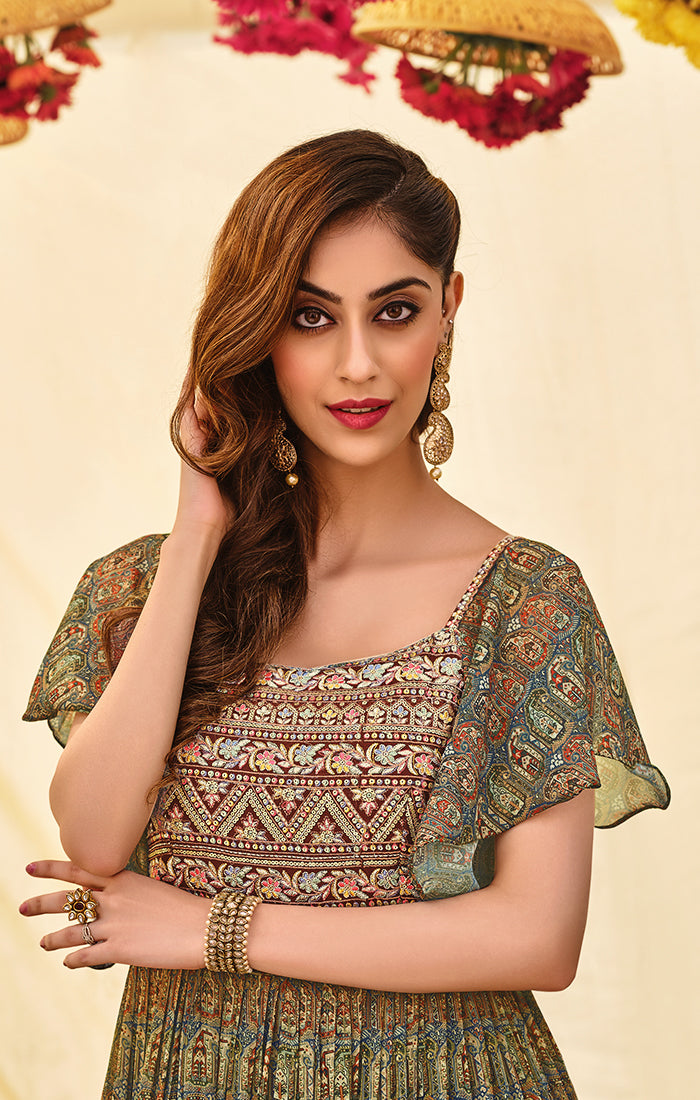 Elegant Green Georgette Designer Gown with Dupatta (K477) - Perfect for Weddings, Parties & Special Occasions