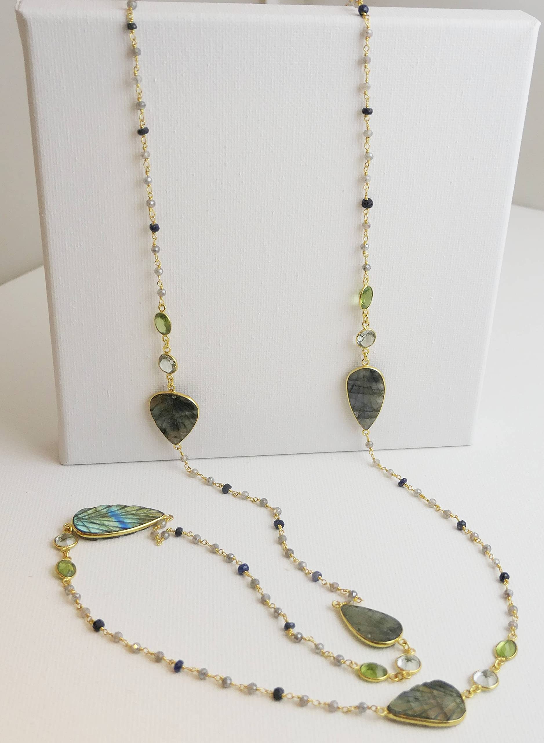 Handmade Labradorite Blue Topaz Peridot Gold Plated Sterling Silver Necklace 107cm - Natural Gemstone Jewelry for Women | Perfect Birthday, Bridal, Wedding & Mother's Day Gift - Elegant Everyday Wear & Special Occasion Accessory