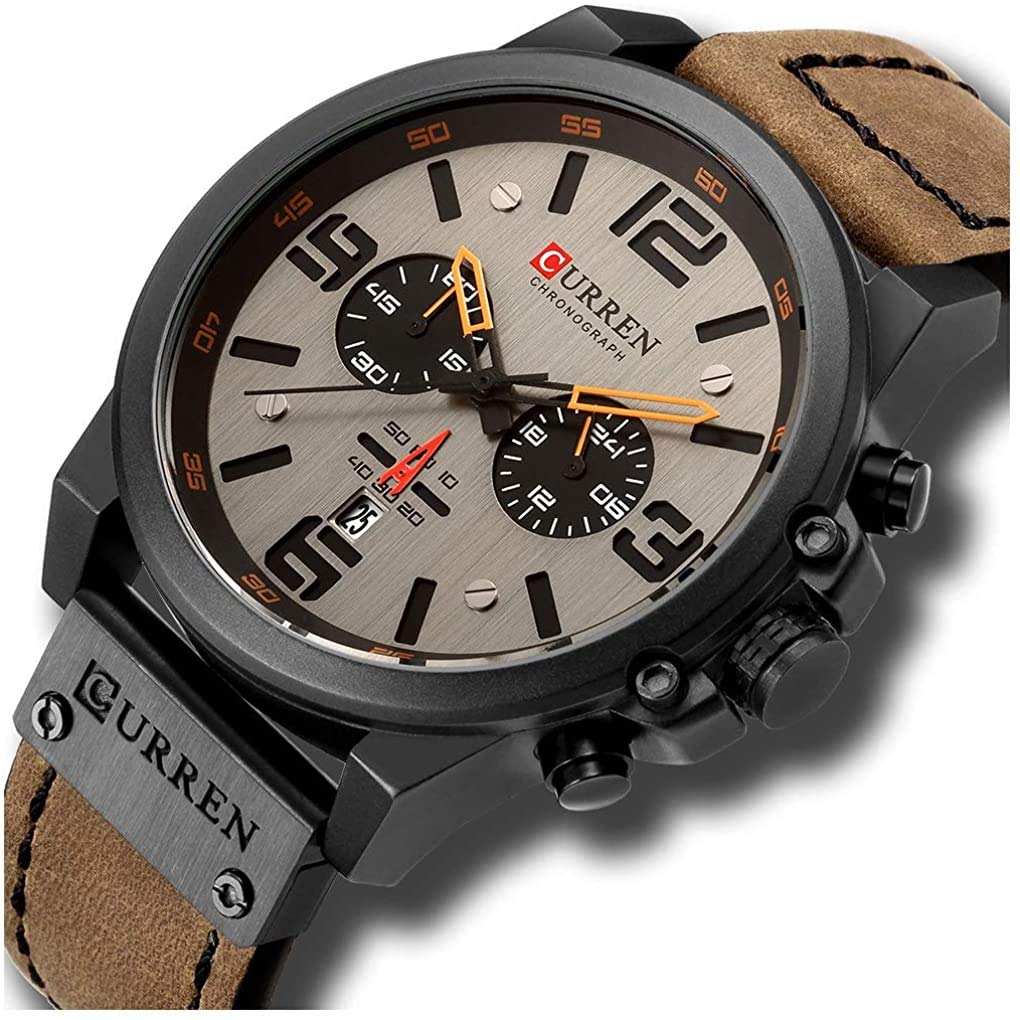 MASTOP Men's Military Chronograph Watch - Waterproof Leather Strap Quartz Watch with Date Display | Perfect for Outdoor Activities, Sports & Casual Wear