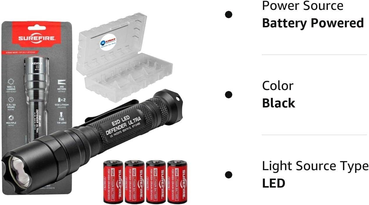 SureFire E2D Defender Ultra (E2DLU-A) 1000 Lumens Tactical Flashlight - Dual-Output LED, Tailcap Click Switch - Includes 4 CR123A Batteries & Case - Perfect for EDC, Self Defense, Camping & Emergency Preparedness