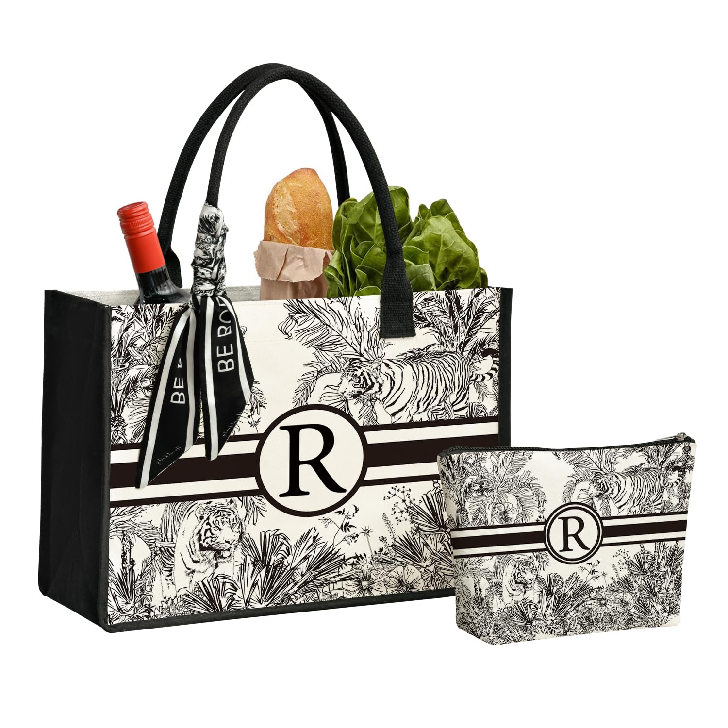 Personalized Monogrammed Canvas Tote Bags for Women - Reusable Eco-Friendly Grocery Shopping Bags with Custom Initials - Perfect for Grocery Shopping, Beach Trips & Daily Errands