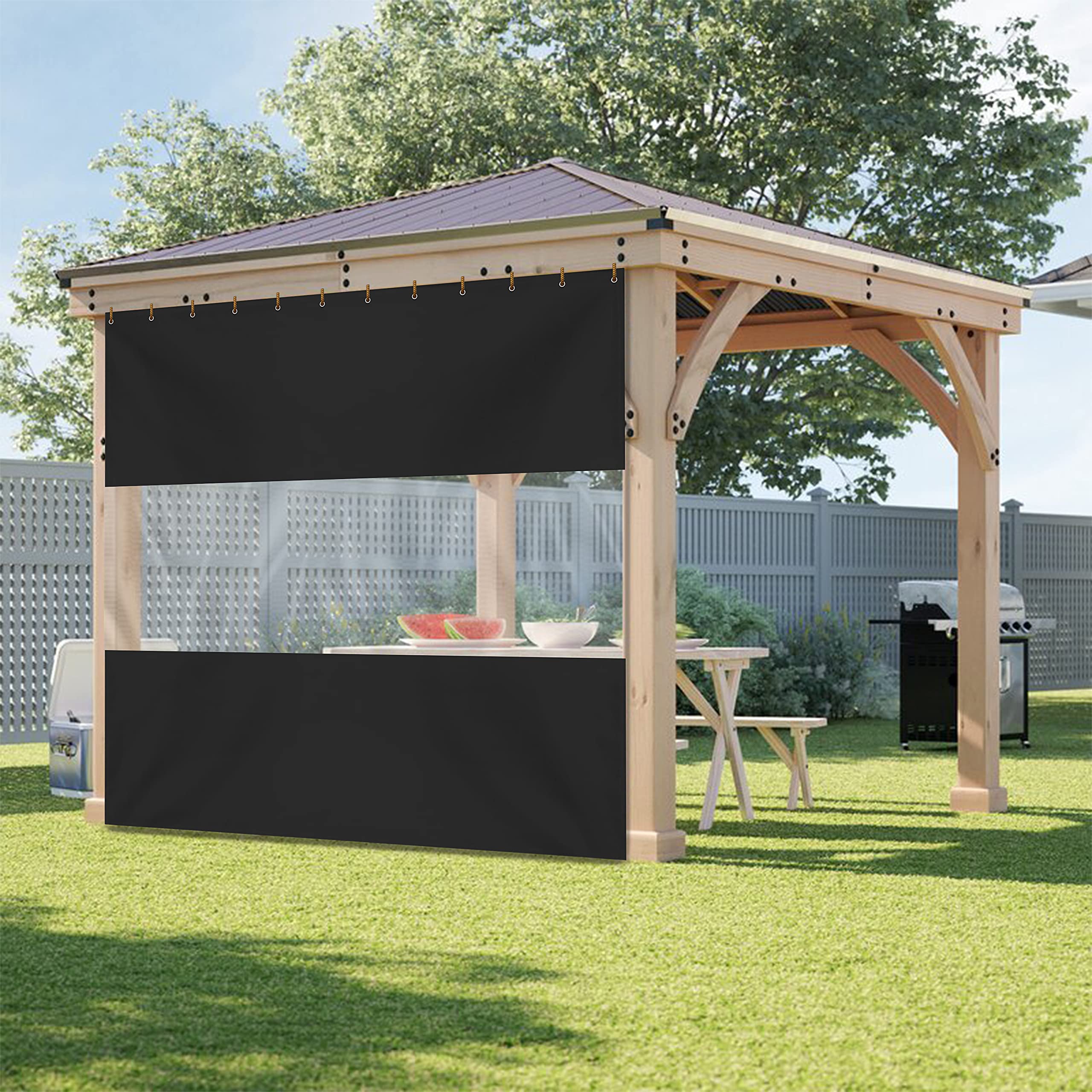 **12 oz Vinyl Outdoor Clear Panel Curtain - Waterproof & Weather Resistant Patio Cover with Brass Grommets for Pergola, Porch, Gazebo, Balcony (8’ H x 12’ W, Black) - Perfect for Sun Protection, Rain Shelter, and Outdoor Privacy**