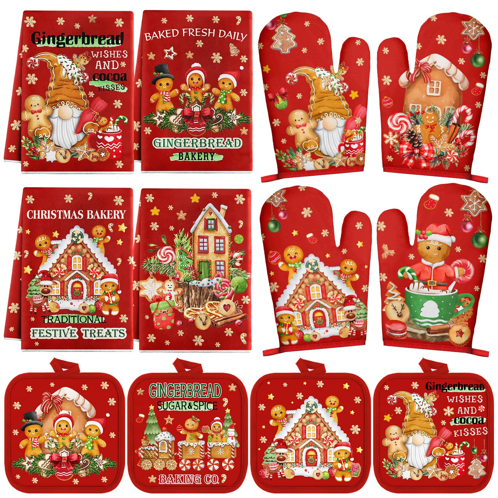 12-Piece Christmas Kitchen Set - 4 Gingerbread Man Dish Towels, 4 Gingerbread House Oven Mitts & 4 Candy Pot Holders for Holiday Cooking, Baking & Festive Home Decor | Perfect for Christmas Dinner, Cookie Baking & Kitchen Gifts