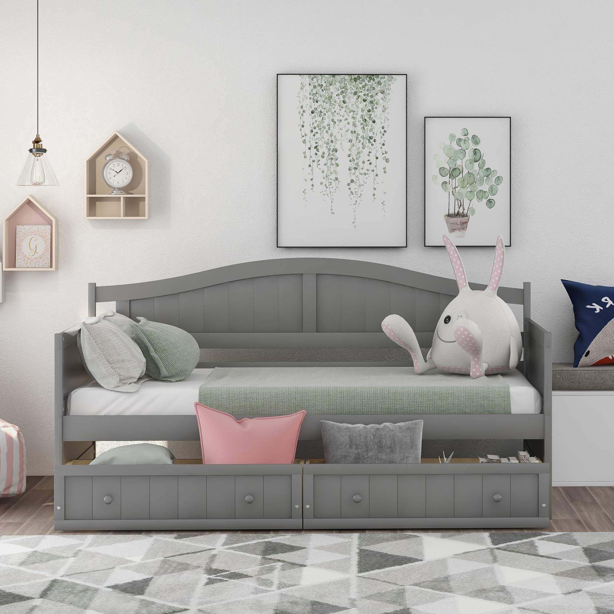 Twin Wooden Daybed with 2 Drawers - Convertible Sofa Bed for Bedroom & Living Room, No Box Spring Needed, Gray - Perfect for Guest Rooms, Small Spaces & Multi-Functional Furniture Needs