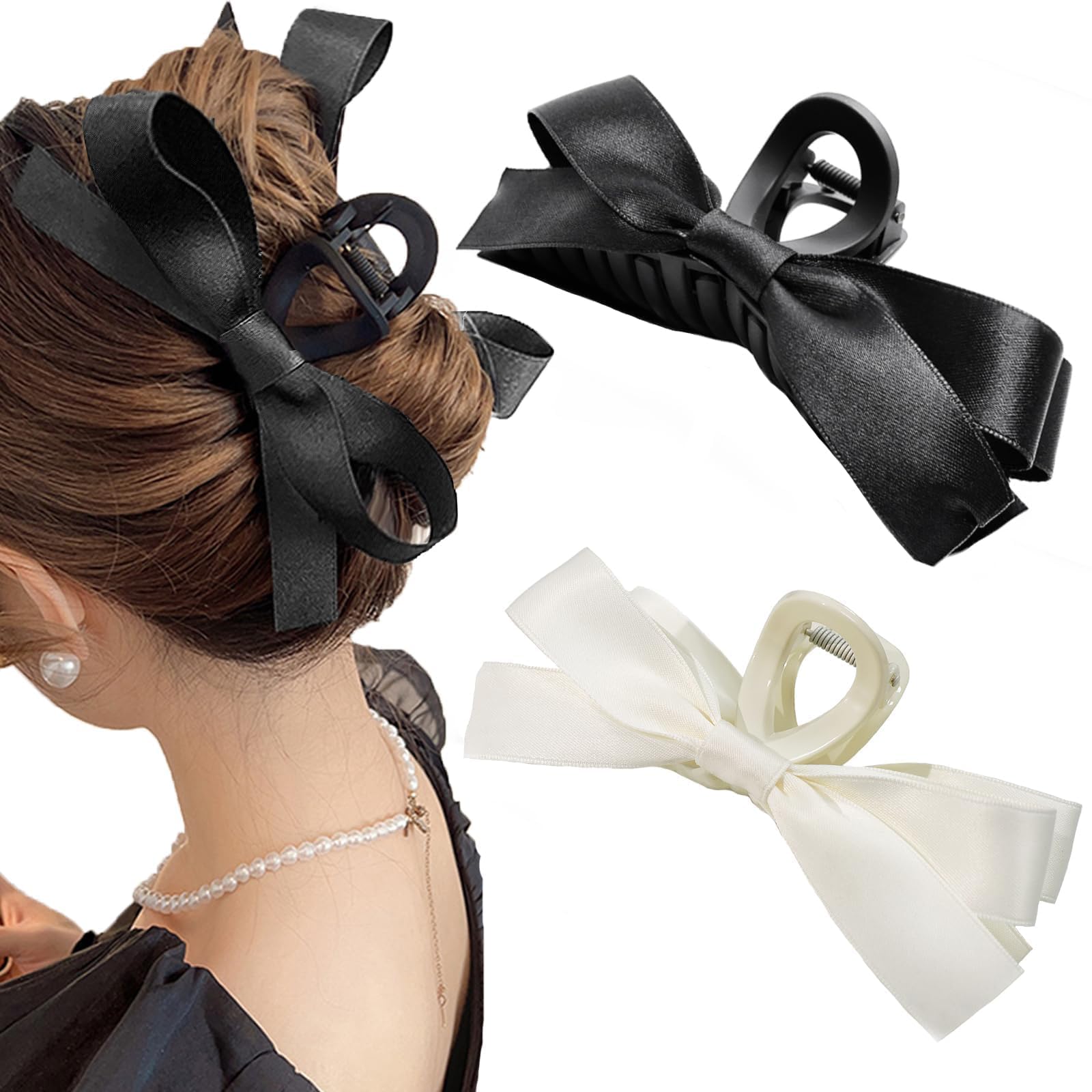 Sizobi Large Bow Hair Clips for Women - White Hair Bows & Black Barrettes Hair Accessories - Perfect for Thin, Thick or Curly Hair - Great for Weddings, Parties and Everyday Styling