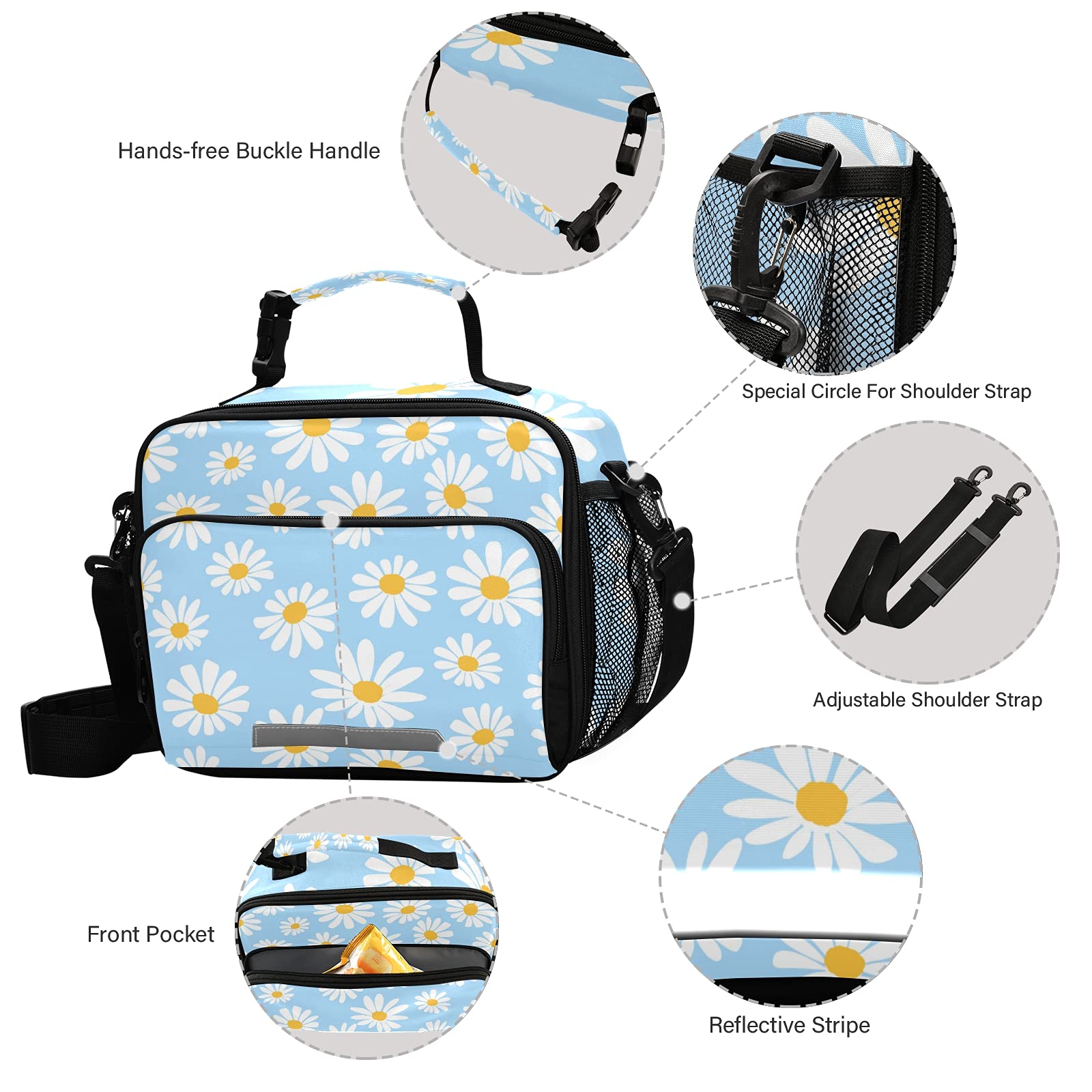 Xigua Insulated Lunch Bag with Detachable Shoulder Strap - Daisy Flower Design on Blue Background, Thermal Cooler Tote for School, Office, Picnic & Travel - Perfect for Students, Men & Women