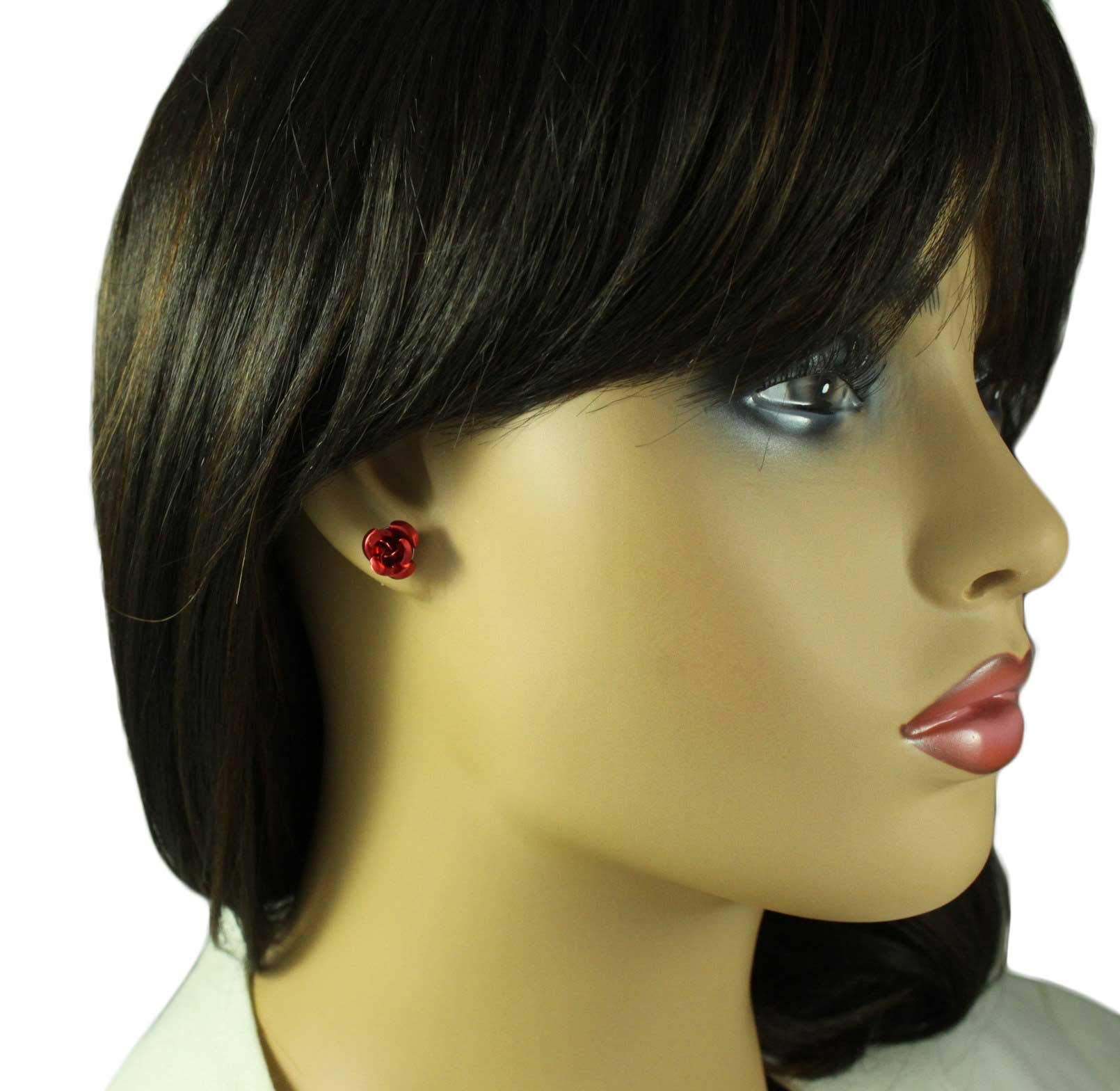 Red Aluminum Rose Flower Stud Earrings for Women - Hypoallergenic Pierced Ear Jewelry - Perfect for Valentine's Day, Anniversary Gifts & Everyday Wear