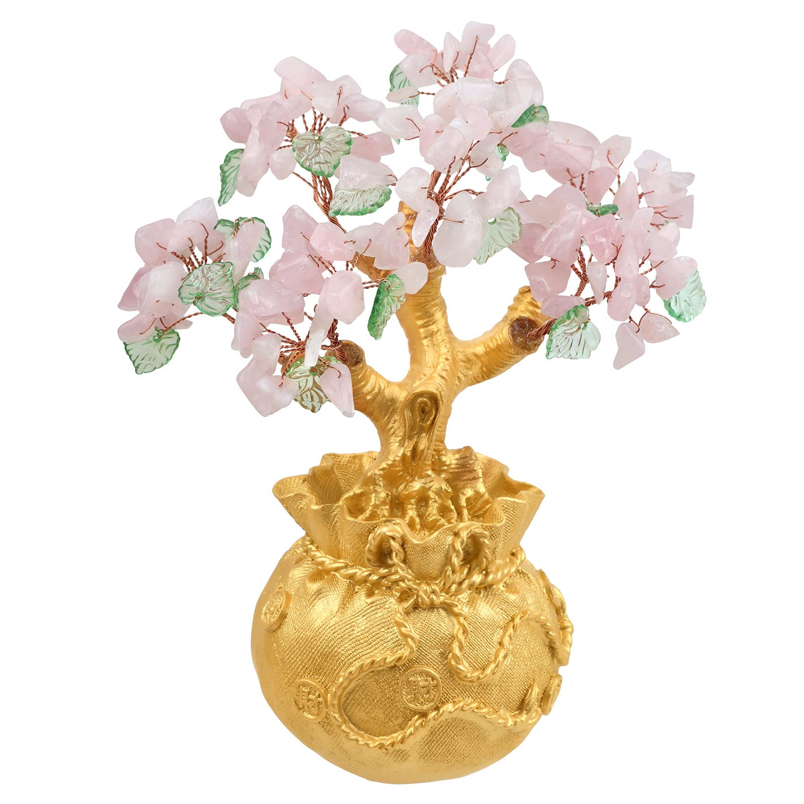 RockCloud Rose Quartz Crystal Money Tree with Golden Money Bag - Feng Shui Wealth & Luck Bonsai for Home, Office Desk Decor | Perfect for Attracting Prosperity & Enhancing Workspace Energy