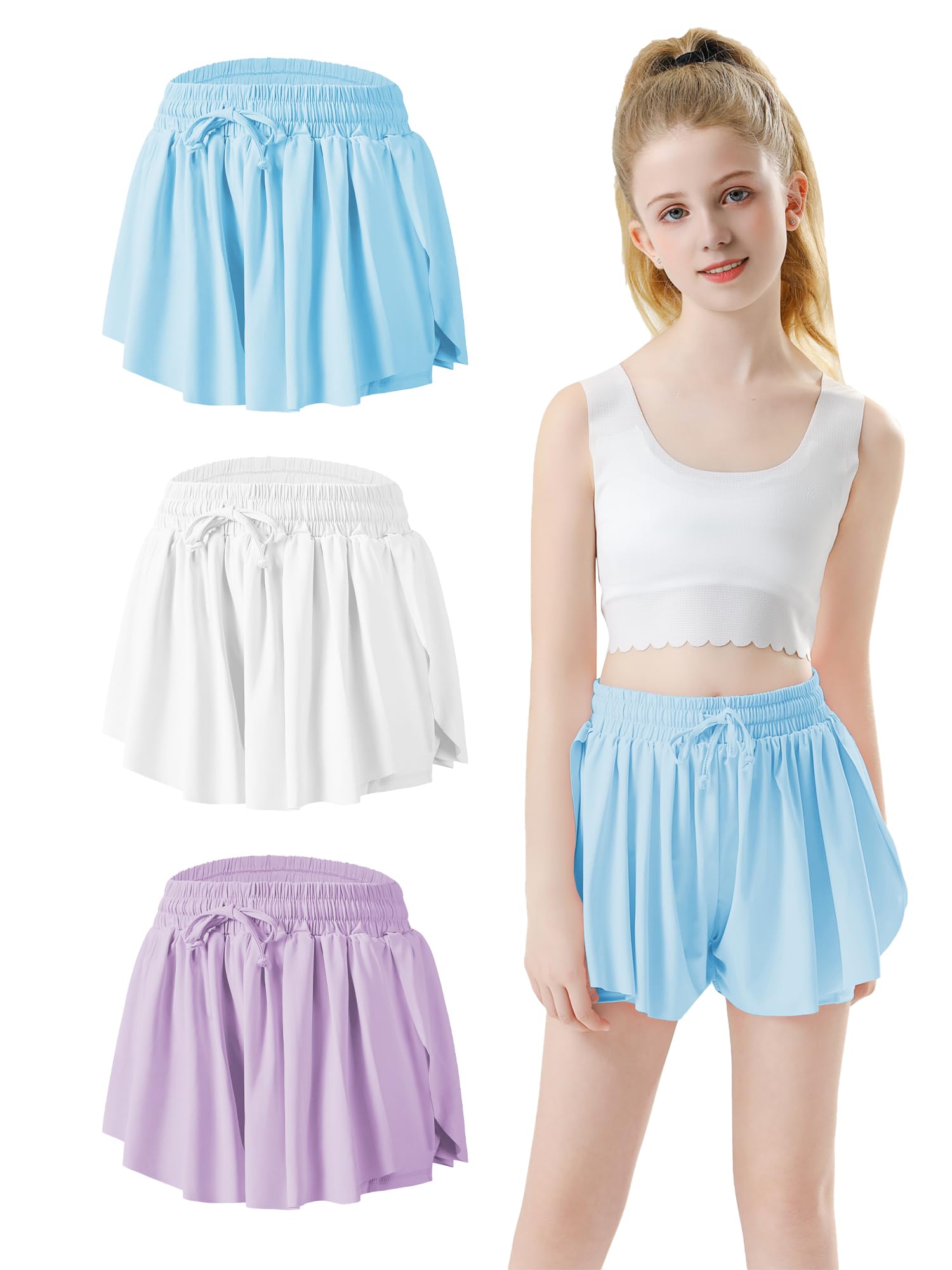 Butterfly Print Girls' Athletic Shorts with Liner - 2-in-1 Running Shorts for Toddler & Youth - Soft Flowery Shorts for Kids' Sports, Play & Outdoor Activities