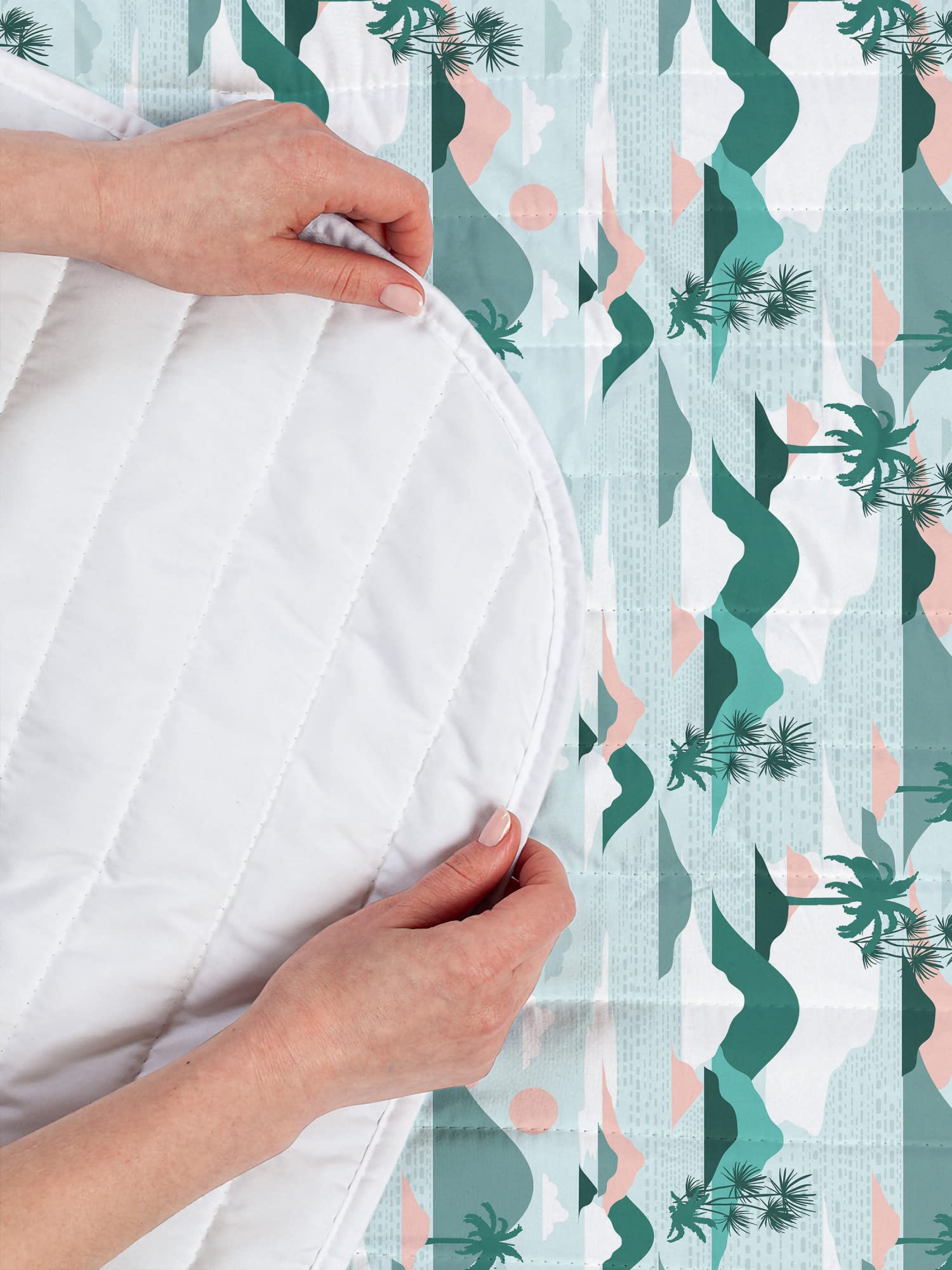 Ambesonne Hawaii Microfiber Bedspread Set - Pastel Palm Trees & Beach Hills Design, Soft Twin Size Bedding with Pillow Sham & Comforter in Teal Blush | Perfect for Beach-Themed Bedrooms, Vacation Homes & Tropical Decor