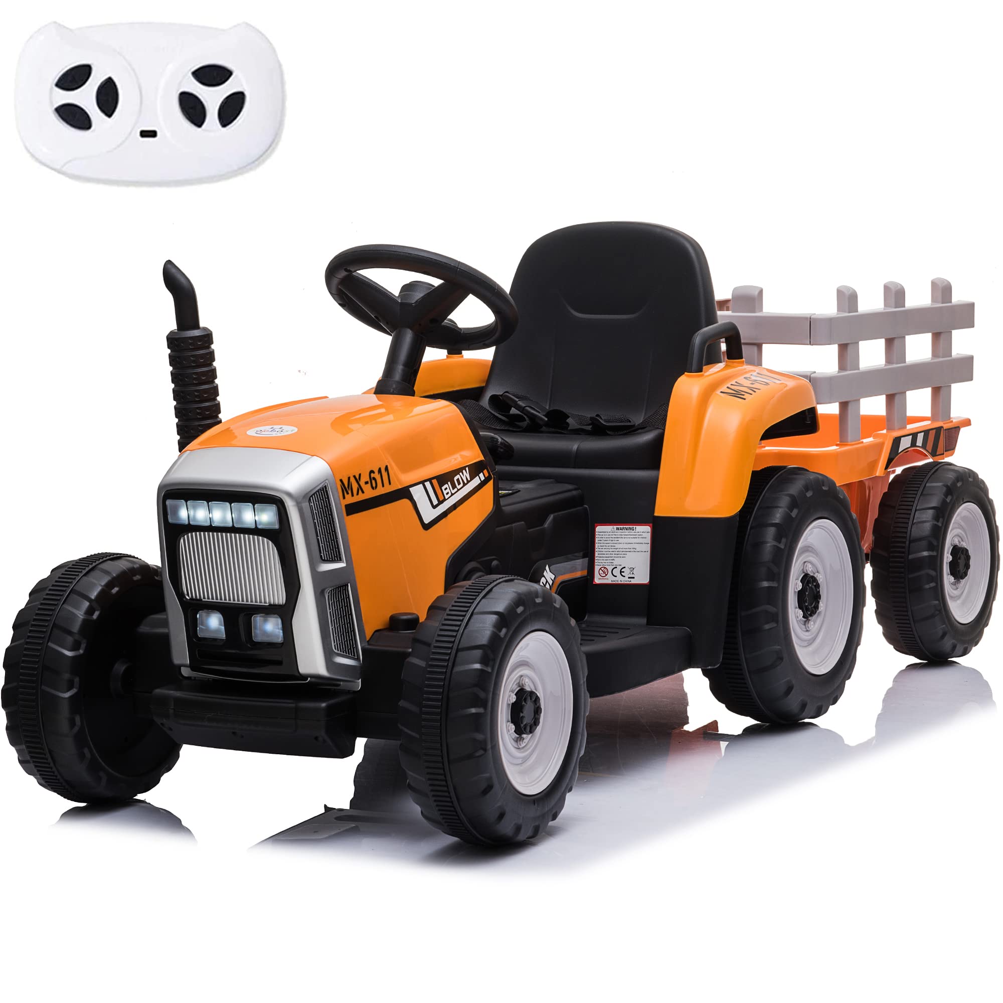 12V 7Ah Battery Powered Ride On Tractor with Remote Control - Electric Toy Car with Trailer for Kids Boys & Girls | Music Play, Orange Color | Perfect for Outdoor Play, Birthday Gifts & Backyard Fun