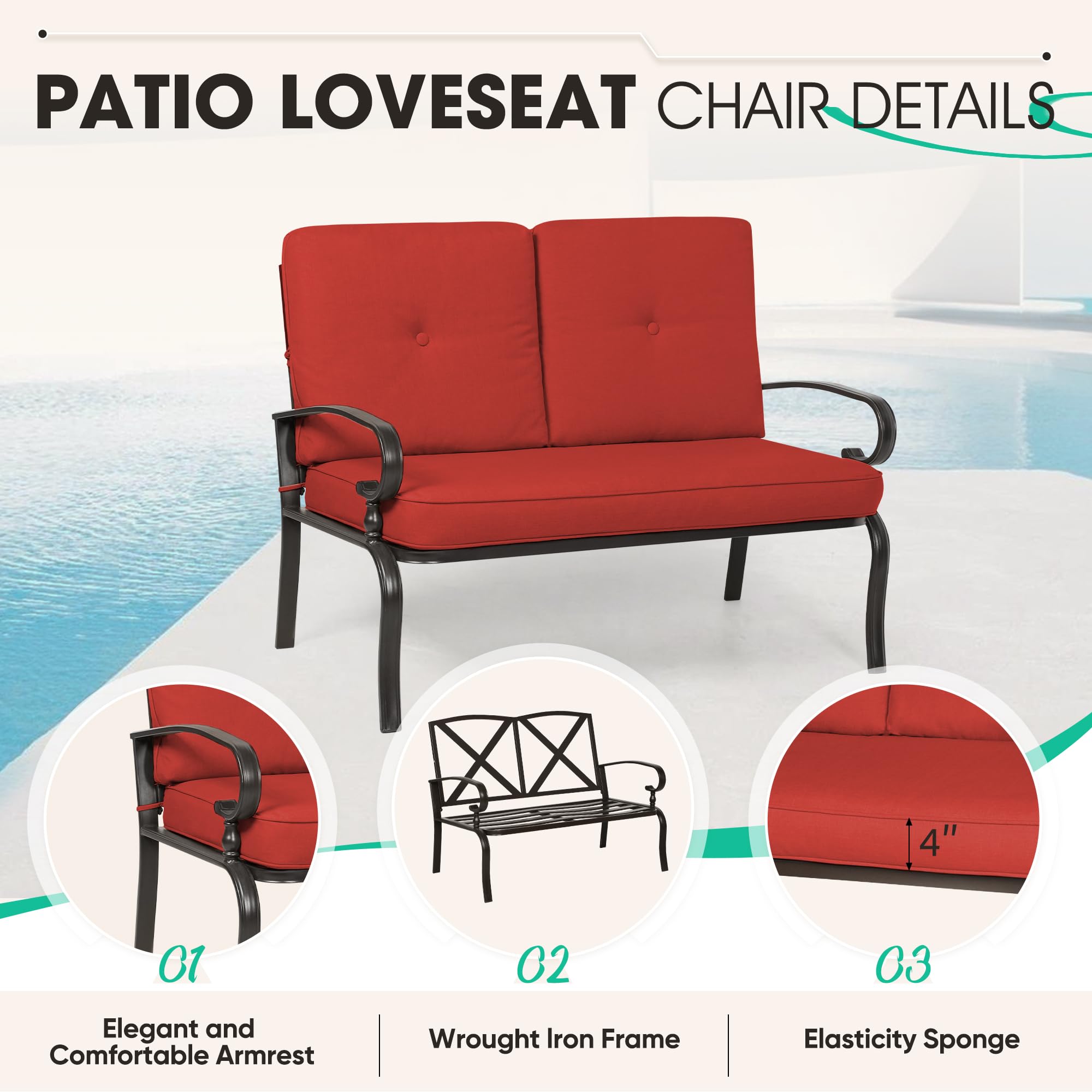 Incbruce 2-Piece Outdoor Loveseat Set with Coffee Table & Cushion - Wrought Iron Patio Bench for Garden, Poolside, Porch - Durable Metal Frame Furniture (Red) | Perfect for Relaxing in Backyard, Balcony or Outdoor Entertaining