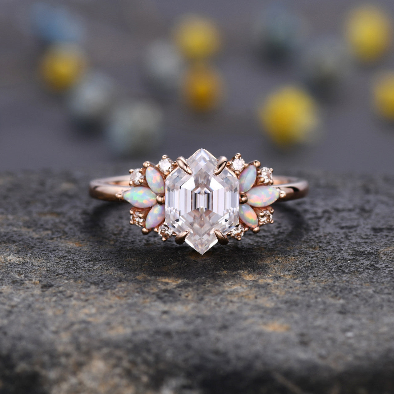 Vintage Hexagon Cut Moissanite Opal Engagement Ring - Rose Gold Promise Ring for Women, Wedding, Proposal & Anniversary Gifts | Elegant Jewelry for Special Occasions