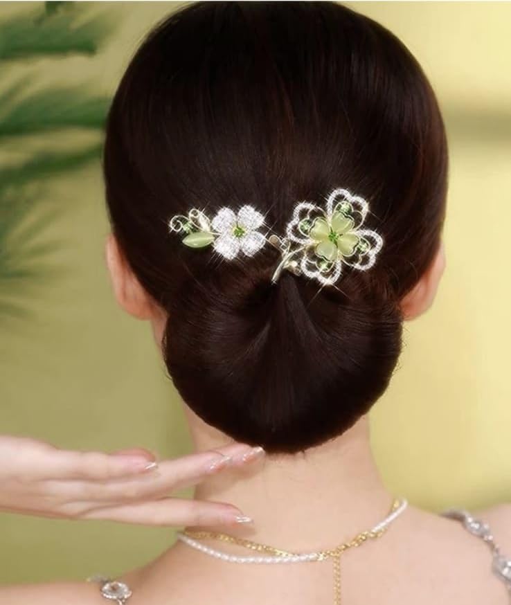 1 Piece Green Rhinestone Lazy Hair Curler Bun Maker - Perfect Hair Bun Tool for Women, Floral Hair Style Accessories, Twist Bun Clips for Party & Wedding (Green Floral) - Great for Special Occasions, Prom, Bridal & Everyday Hairstyling