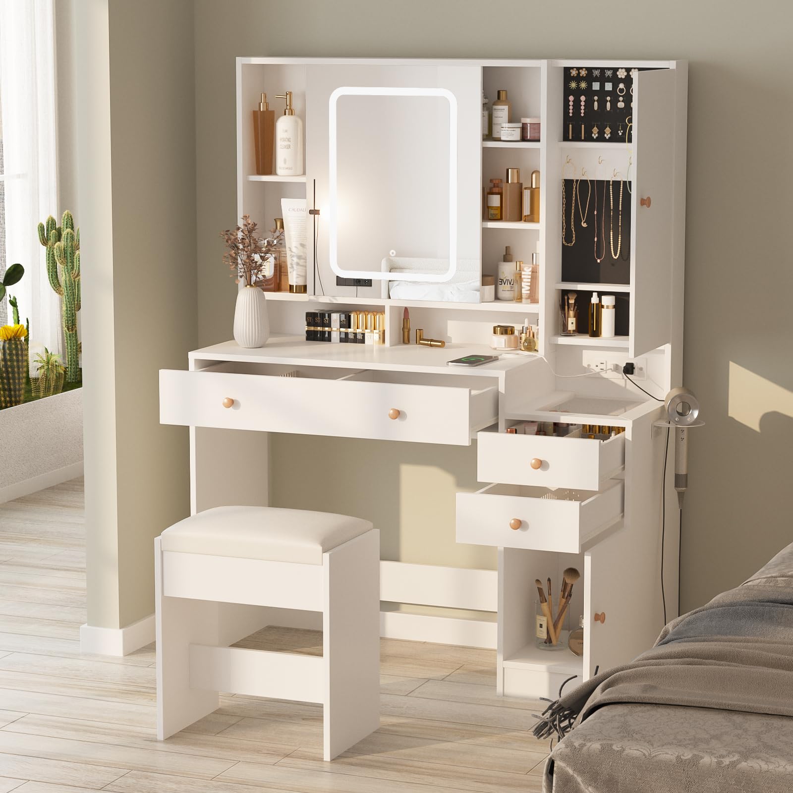 Vanity Desk with Mirror, LED Lights & USB Charging Station - 3-Drawer Glass Top Dressing Table with Jewelry Storage Cabinet, 42.8 Inch Modern Makeup Vanity for Bedroom & Dressing Room