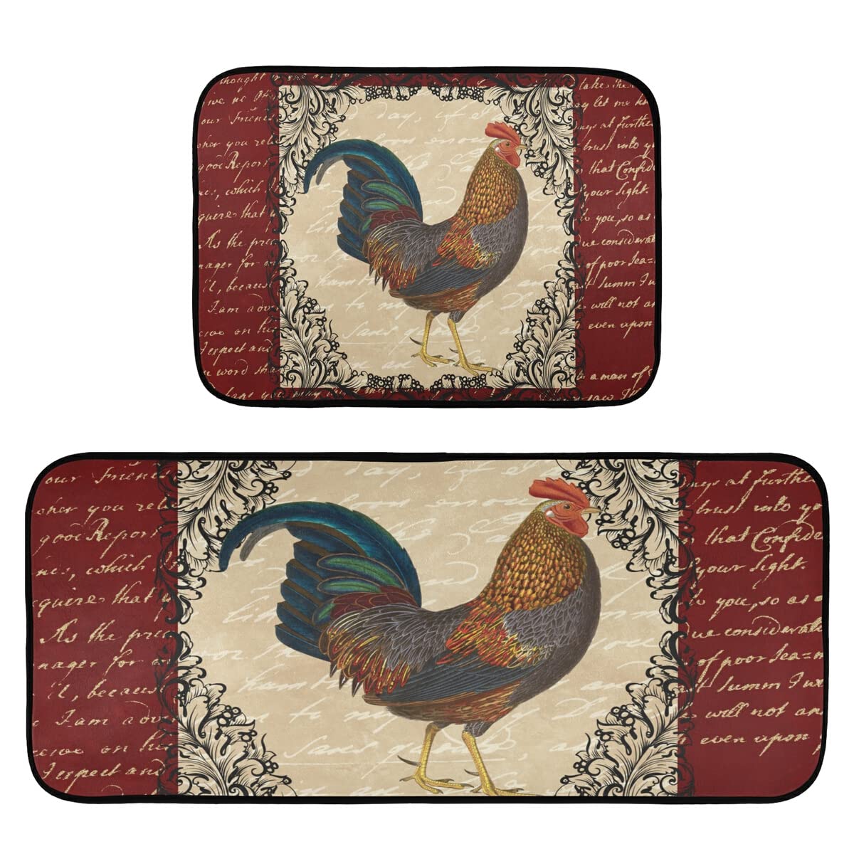Emelivor Vintage Rooster Kitchen Rugs Set of 2 - Non-Slip Washable Floor Mats for Kitchen, Home, Sink, Laundry & Office - Perfect for Farmhouse Decor and High Traffic Areas