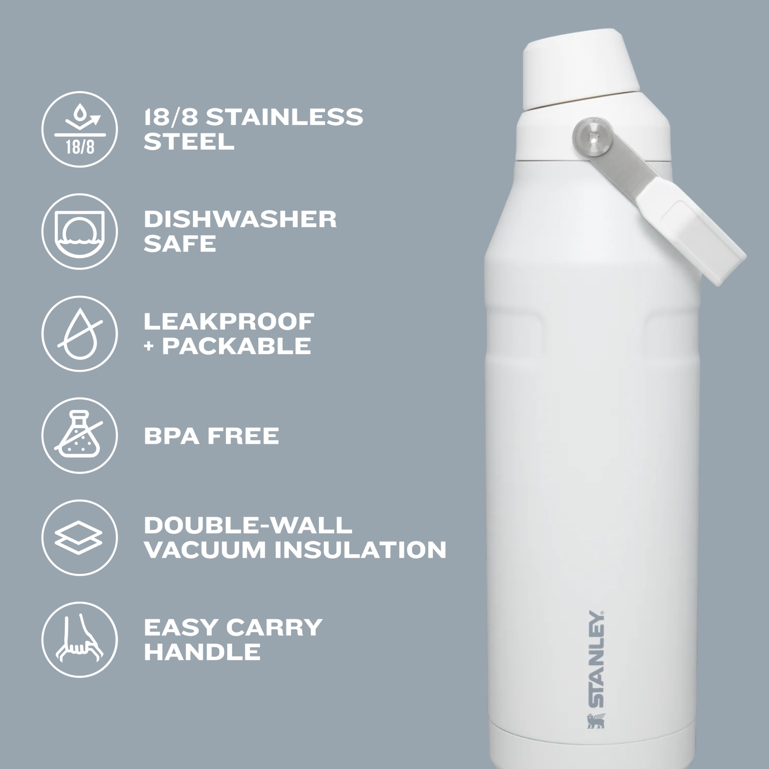 Stanley IceFlow Fast Flow Stainless Steel Water Bottle 24oz - Angled Spout Lid, Lightweight & Leakproof, BPA-Free Insulated Thermos for Travel, Gym, Hiking & Outdoor Activities | Keeps Drinks Cold for Hours | Polar White