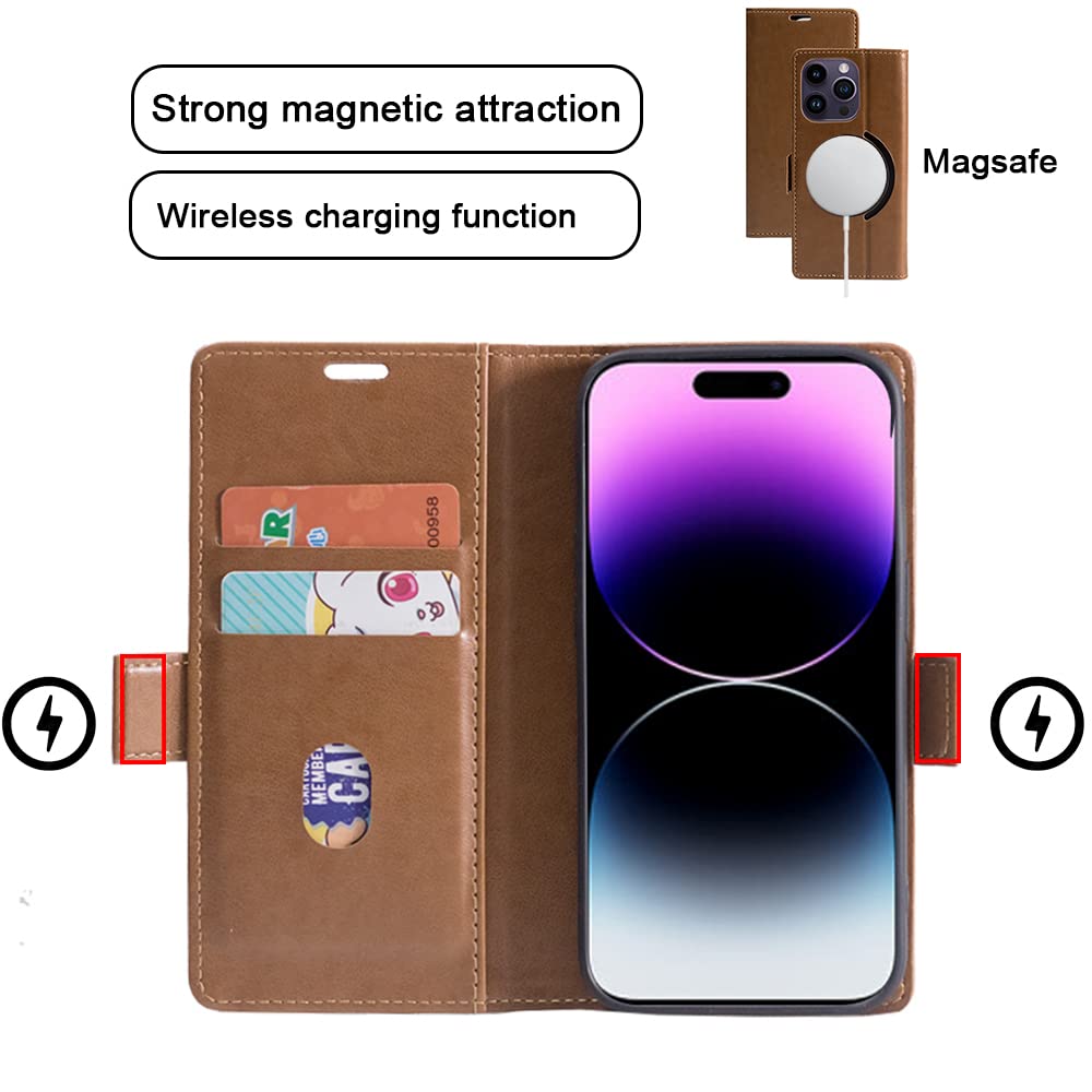 Premium PU Leather Wallet Case for iPhone 14 - Shockproof Protective Cover with RFID Blocking, Card Slots & Magsafe Wireless Charging | Brown Stand Phone Case for Work, Travel & Everyday Use