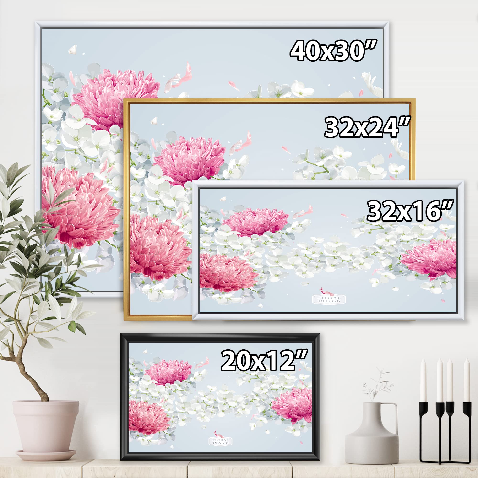 DesignQ Chrysanthemums and Apple Blossom Floral Canvas Wall Art Print - Traditional Framed Home Decor for Living Room, Bedroom & Office