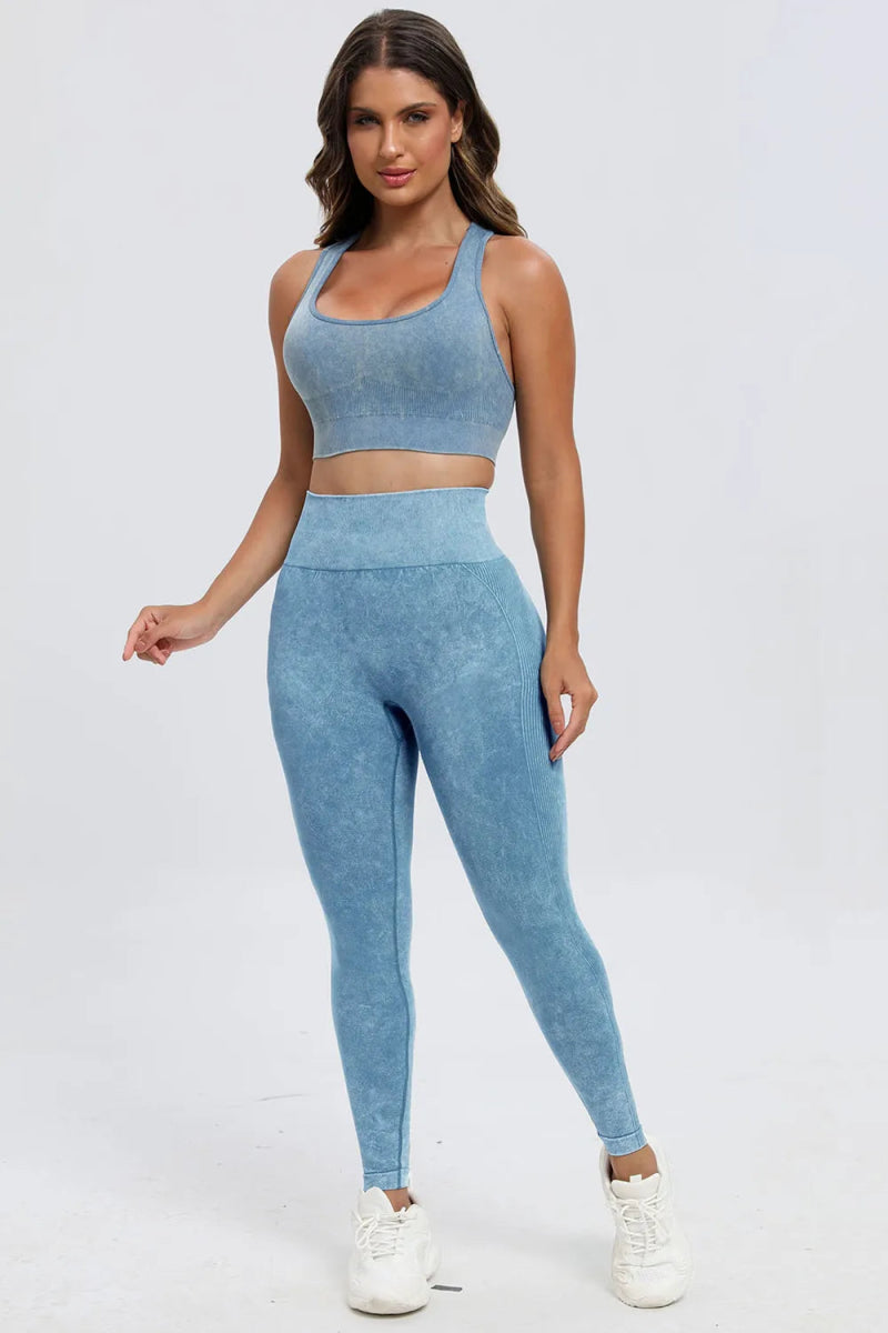 3 Piece Washed Square Neck Wide Strap Active Set for Women - Gym, Yoga & Lounge Wear - Comfortable Workout Outfit for Running & Pilates