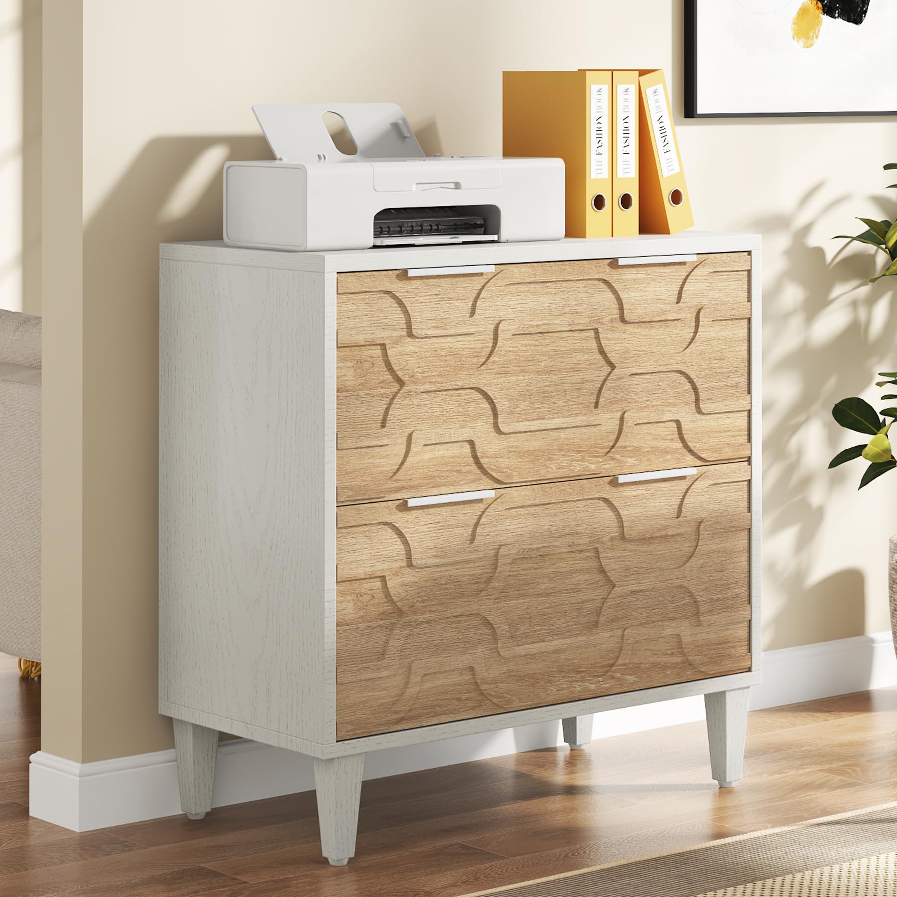 Tribesigns 2-Drawer Lateral File Cabinet for A4/Letter/Legal Size Documents - Office Storage Cabinet & Printer Stand with Storage Drawer - White & Walnut Finish for Home Office Organization