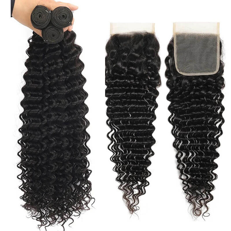 Eullair Deep Wave Bundles with Closure 3/4 PCS - 4x4 5x5 6x5 HD Lace Closure Human Hair Weave - Perfect for Natural Hairstyles, Sew-Ins & Protective Styling