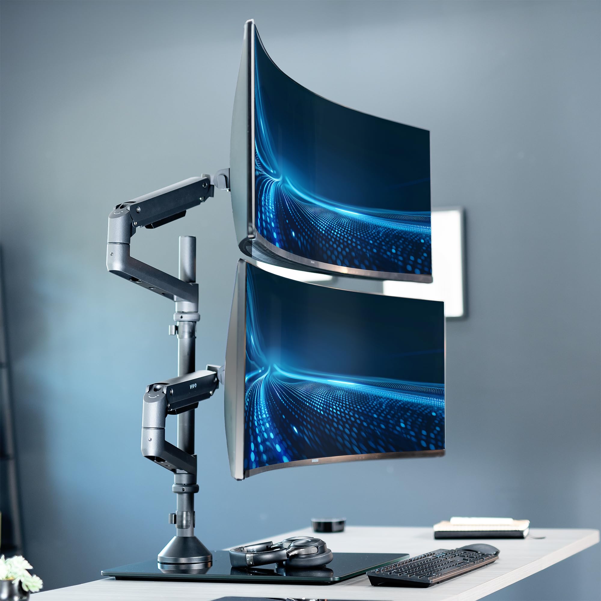 VIVO Dual Monitor Arm Stand for 49 inch Screens - Pneumatic Height Adjustable Ultrawide Monitor Mount with Tempered Glass Base, Holds 2 Monitors Up to 30.8 lbs, Black (STAND-V249FG) - Perfect for Home Office, Gaming Setup, and Workspace Ergonomics