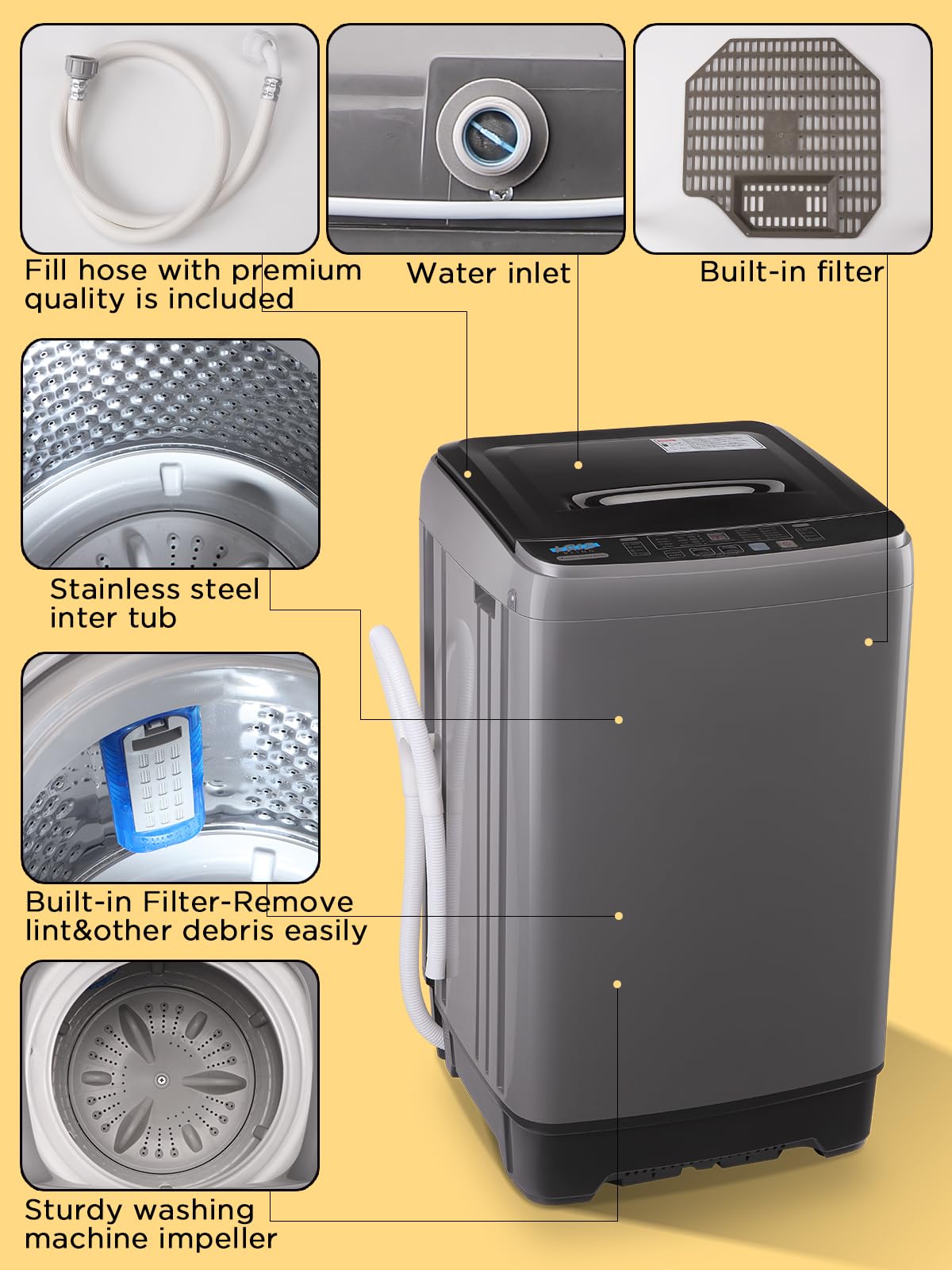 17.7 lbs Full-Automatic Portable Washing Machine with LED Display & Drain Pump - 10 Wash Programs, 8 Water Levels, Compact Laundry Washer for Apartments, RVs, Dorms (Grey) - Perfect for Small Spaces & Travel Use