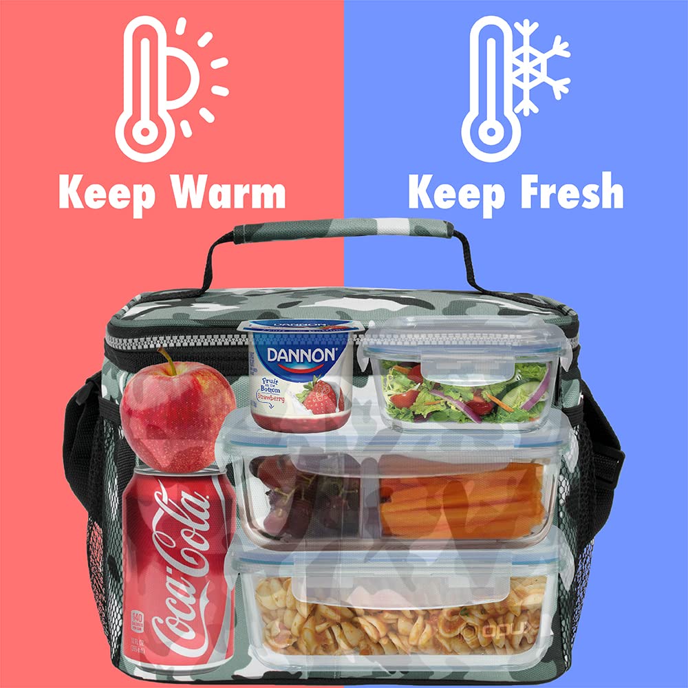 Opux Insulated Lunch Bag for Men & Women - Leakproof Camo Green Lunch Box for Work & School - Portable Soft Cooler Bag with Shoulder Strap - Adult & Kids Lunchbox (14 Can/8L Capacity) - Perfect for Office, Picnics & Outdoor Activities