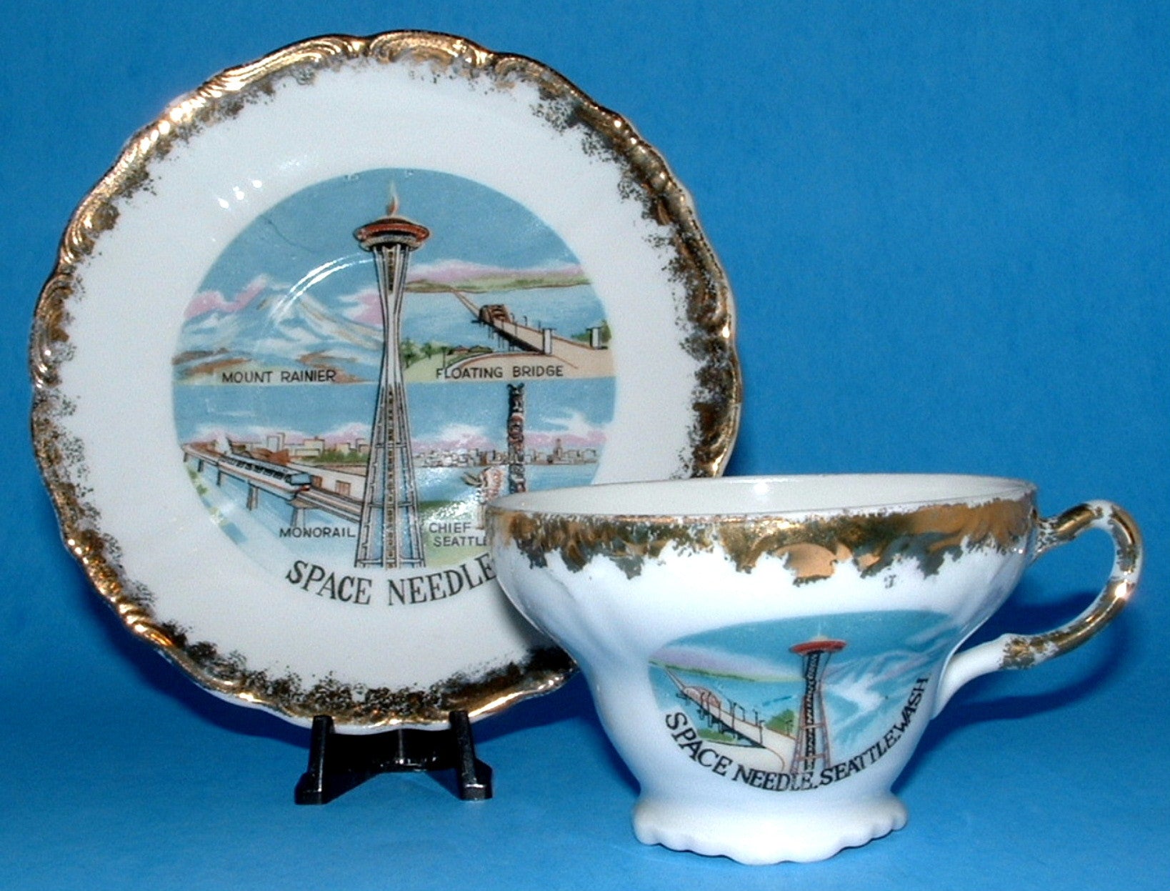 Vintage 1960s Seattle Space Needle Souvenir Cup and Saucer Set - World's Fair Collectible - Perfect for Coffee, Tea, and Display in Home or Office