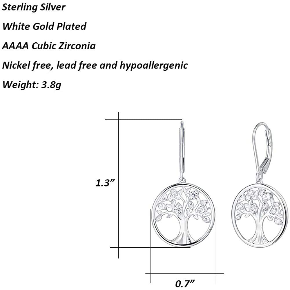 Sterling Silver Tree of Life Earrings for Women - Cubic Zirconia Dangle Drop Earrings, Perfect Gift for Anniversary & Birthday (Wife, Grandma) - Everyday Wear & Special Occasions