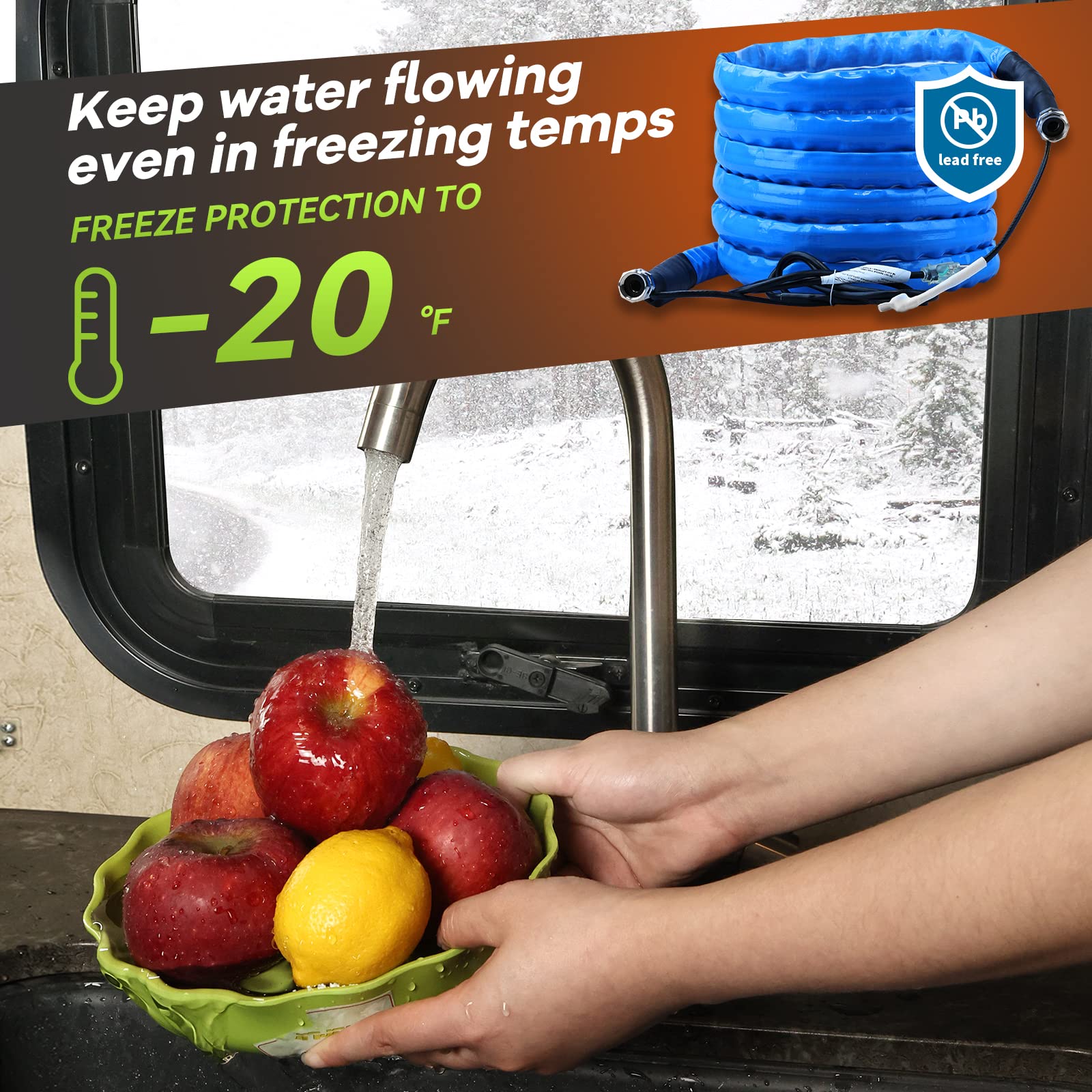 RVMATE 15FT Heated RV Water Hose with Thermostat - Freeze Proof Down to -20℉, Energy Saving Design for RV, Camper, Home & Garden Use - Perfect for Winter Camping and Outdoor Water Supply