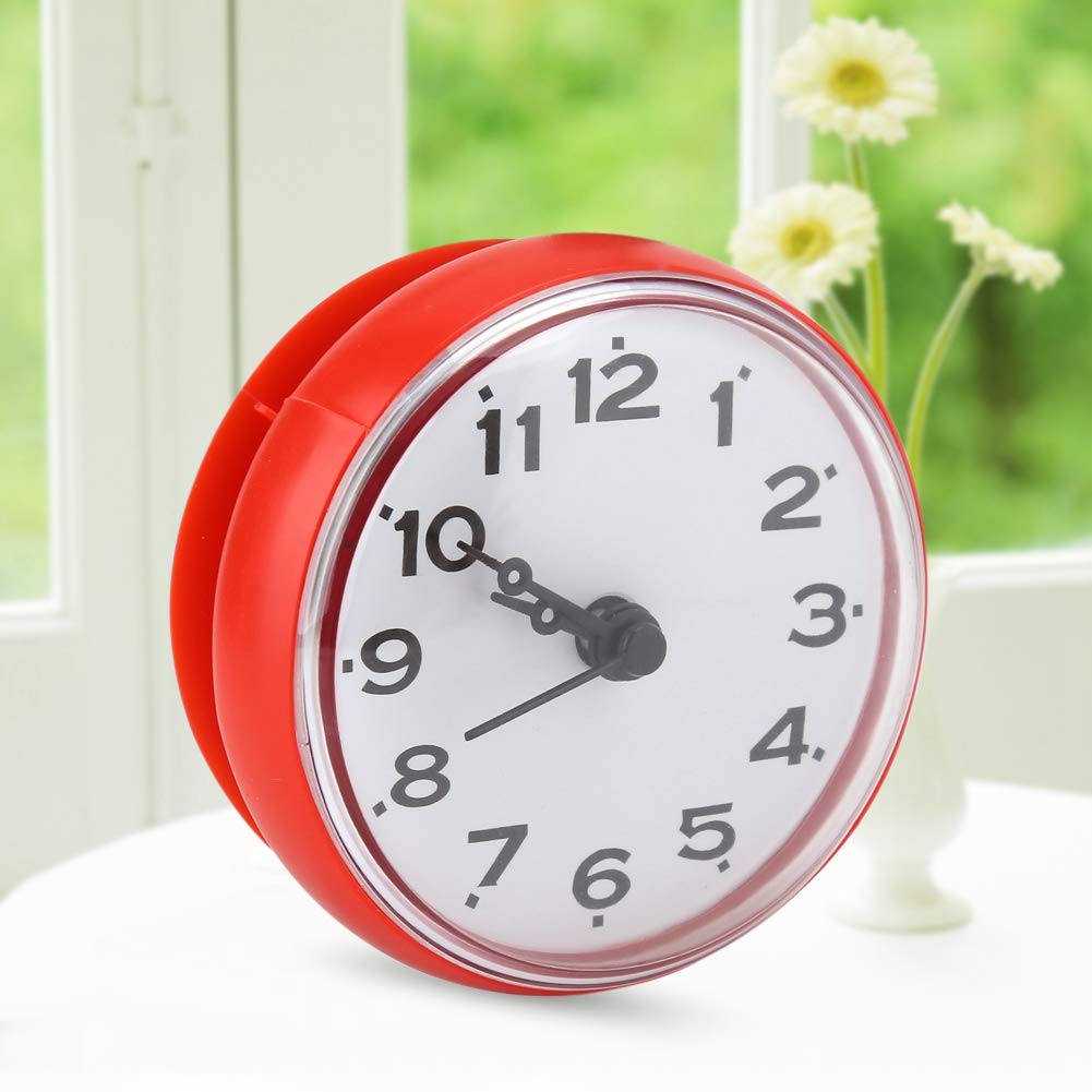 Waterproof Suction Cup Wall Clock - Round Arabic Digital Dial for Bathroom & Kitchen (Red)