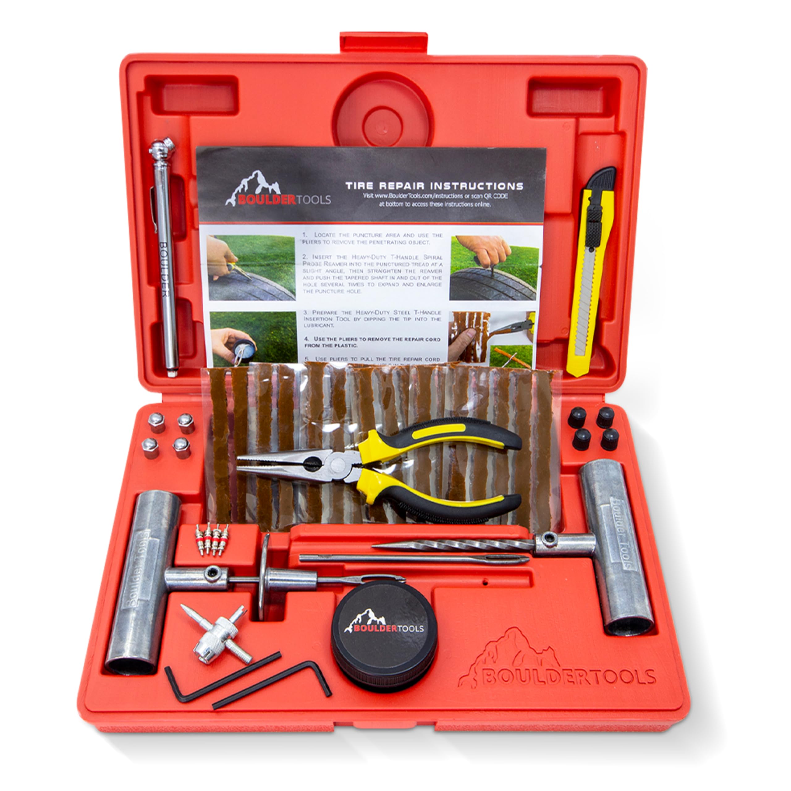 Boulder Tools Tire Repair Kit - Plugs, Valve Tool, Heavy Duty Case - for Cars, Trucks, Motorcycles - Emergency Roadside Fixes