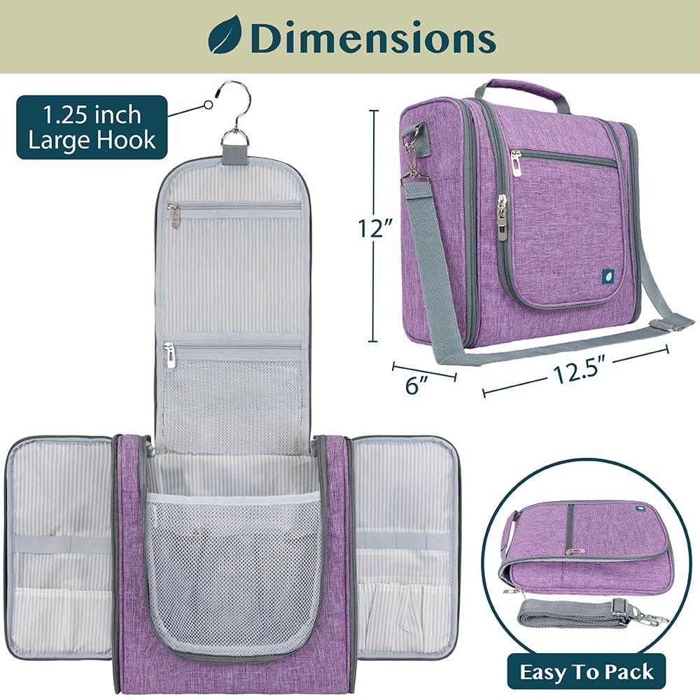 PAVILIA Large Hanging Toiletry Bag for Women & Men - Waterproof Travel Cosmetic Organizer with Multiple Pockets - Perfect for Makeup, Toiletries & Travel Essentials (Purple) - Ideal for Vacation, Business Trips & Gym Use