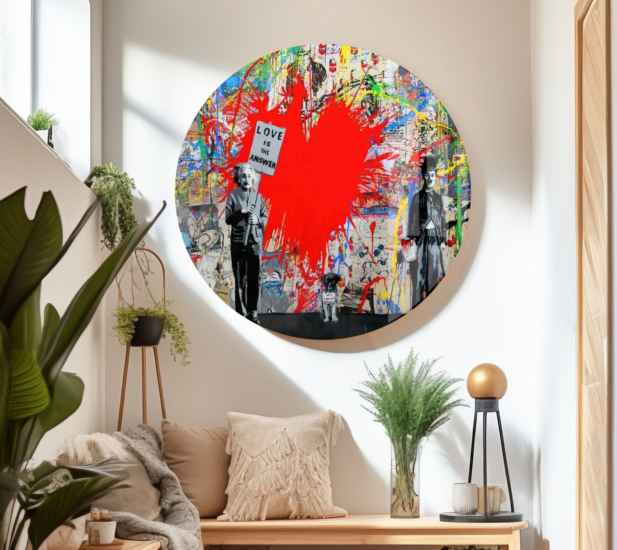 Banksy Einstein Love is the Answer Glass Wall Art - Modern Home Decor for Living Room, Bedroom & Office