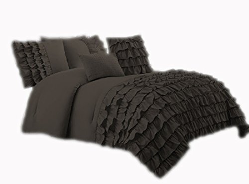 Premium 200 Thread Count 3-Piece Egyptian Cotton Duvet Cover Set - King/Cal King Size, Waterfall Half Ruffle Design in Gray with Matching Pillow Shams | Luxury Bedding for Master Bedrooms, Guest Rooms & Hotel Stays