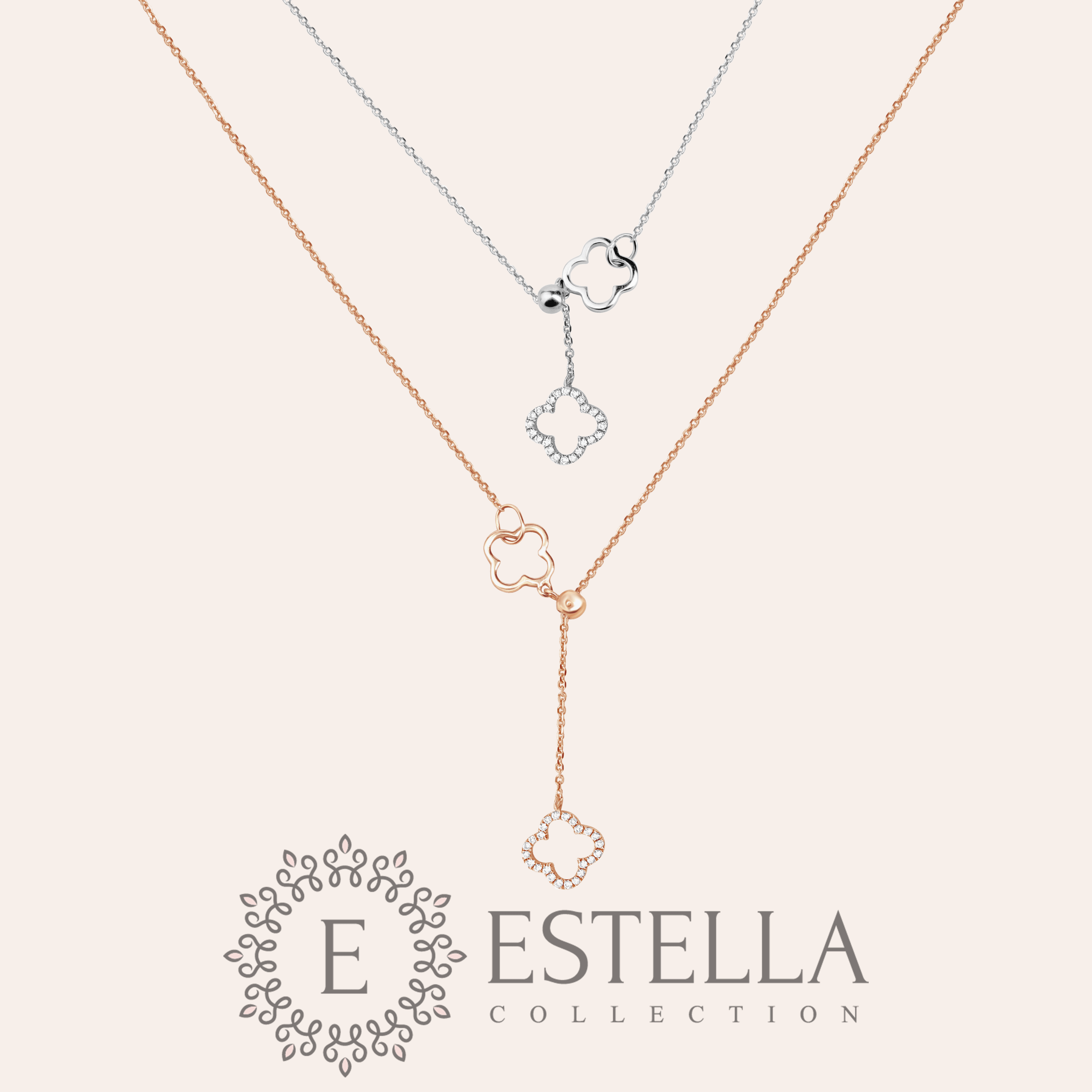 14K Rose Gold Diamond Clover Lariat Bolo Necklace - Elegant Adjustable Chain for Women | Perfect for Weddings, Date Nights & Special Occasions