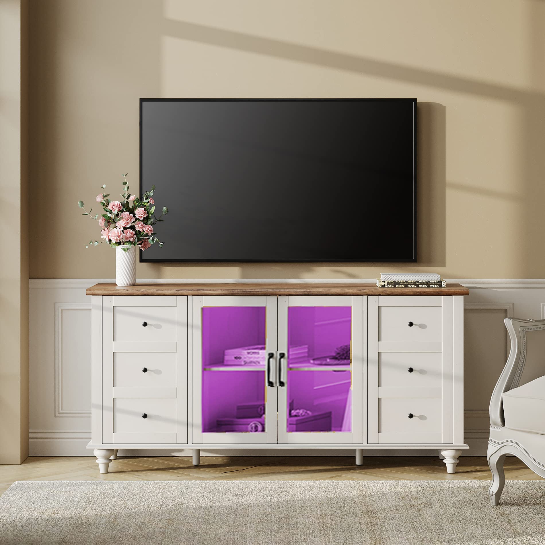WAMPAT 58 Inch Farmhouse Style LED TV Stand with Storage - Wooden Entertainment Center for 75 Inch TVs - Glass & Wood Media Console Cabinet for Living Room, Bedroom - Perfect for Movie Nights & Family Gatherings