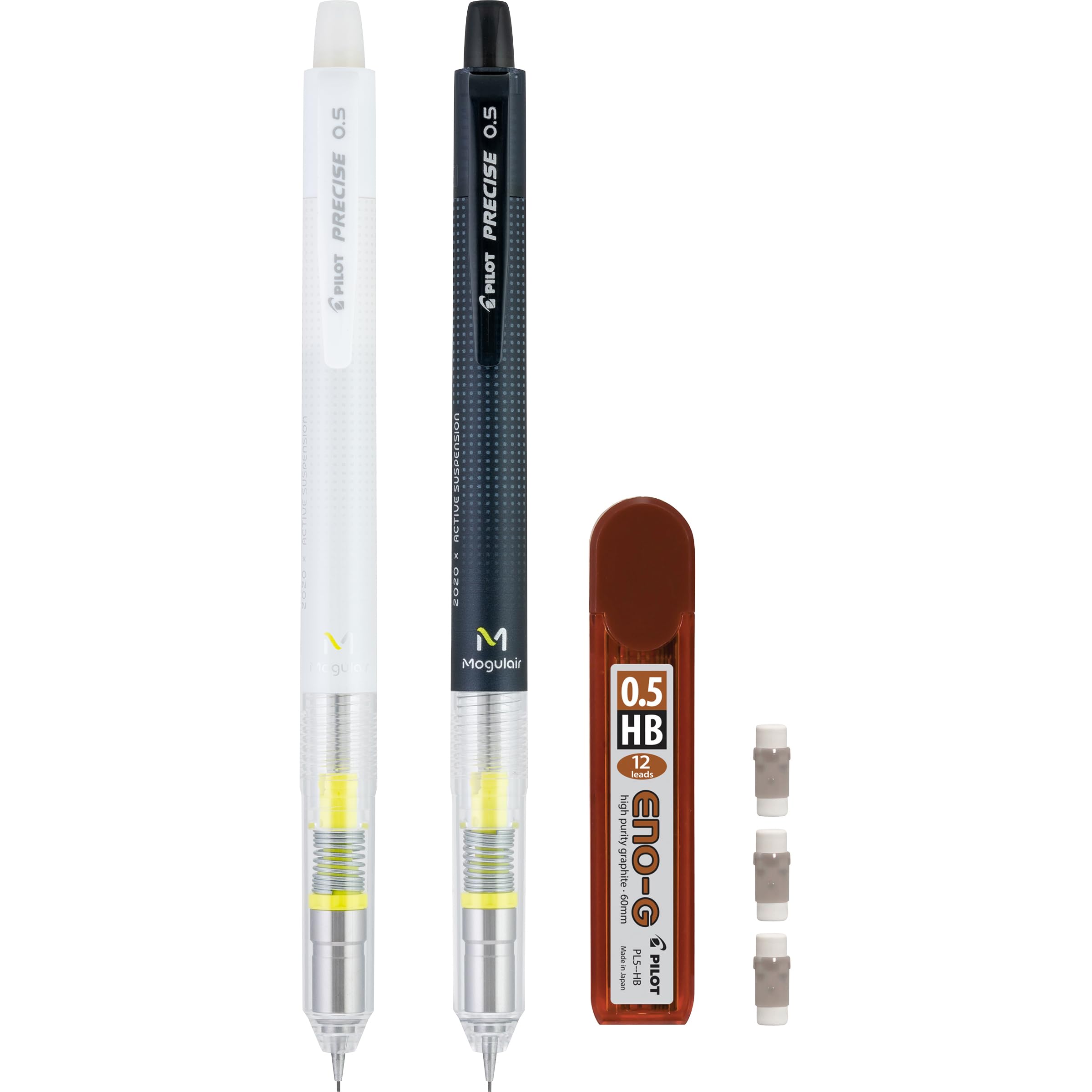 Premium Pilot Precise Mogulair Mechanical Pencils 0.5mm HB - 2 Pack with 12 Leads & 3 Erasers - Black & White Barrel for School, Office & Sketching - Smooth Writing Drafting Pencils for Students & Professionals