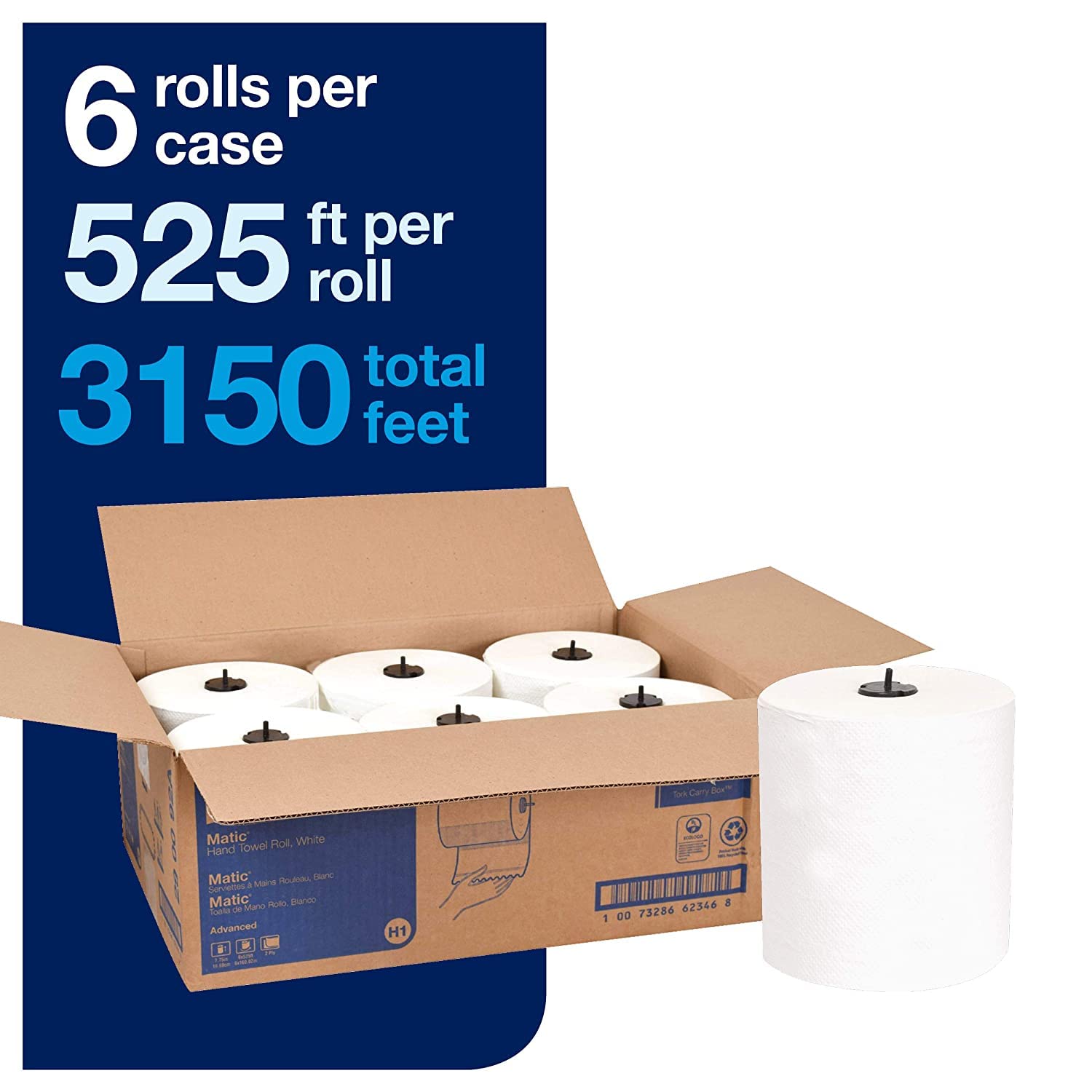 Tork Stainless Steel Paper Hand Towel Dispenser with H1 Refill - 6 Pack Matic Hand Towel Rolls, White & Grey Leaf - Ideal for Restrooms, Kitchens, and Commercial Use