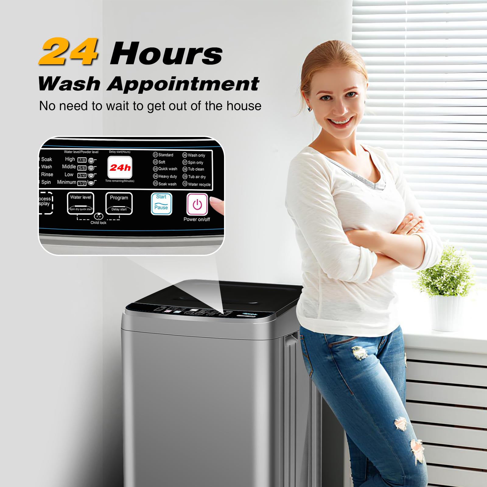 Portable Washing Machine 25 lbs - Full Automatic Compact Washer with 10 Wash Programs & 8 Water Levels - Low Noise Laundry Machine with LED Display - Perfect for Apartments, RVs, Camping & Small Spaces (Grey)