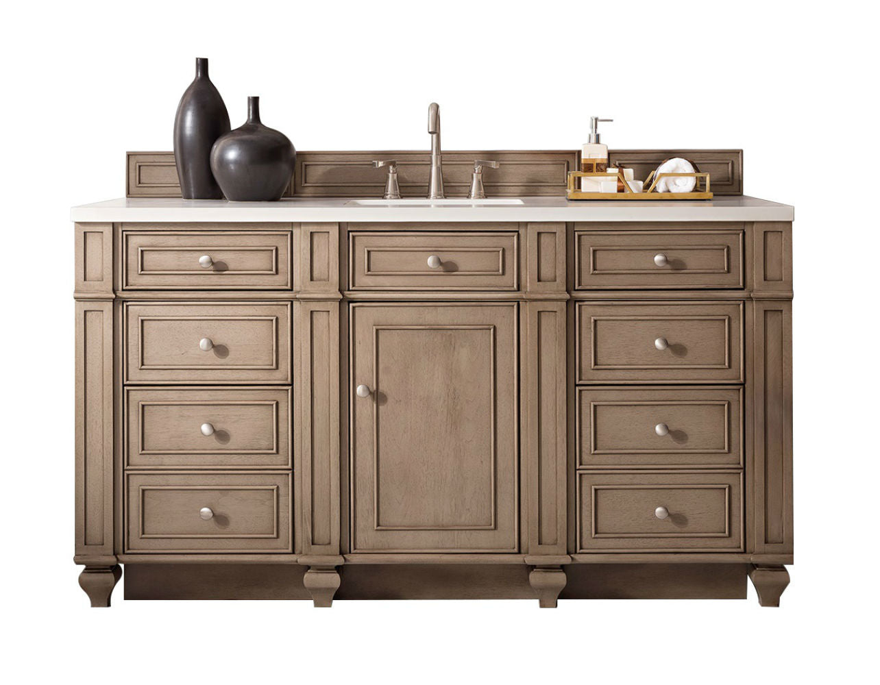 Bristol 60 Inch Single Bathroom Vanity Set with Whitewashed Walnut Finish & 3CM Classic White Quartz Countertop - Perfect for Modern Farmhouse, Coastal, or Transitional Bathroom Designs