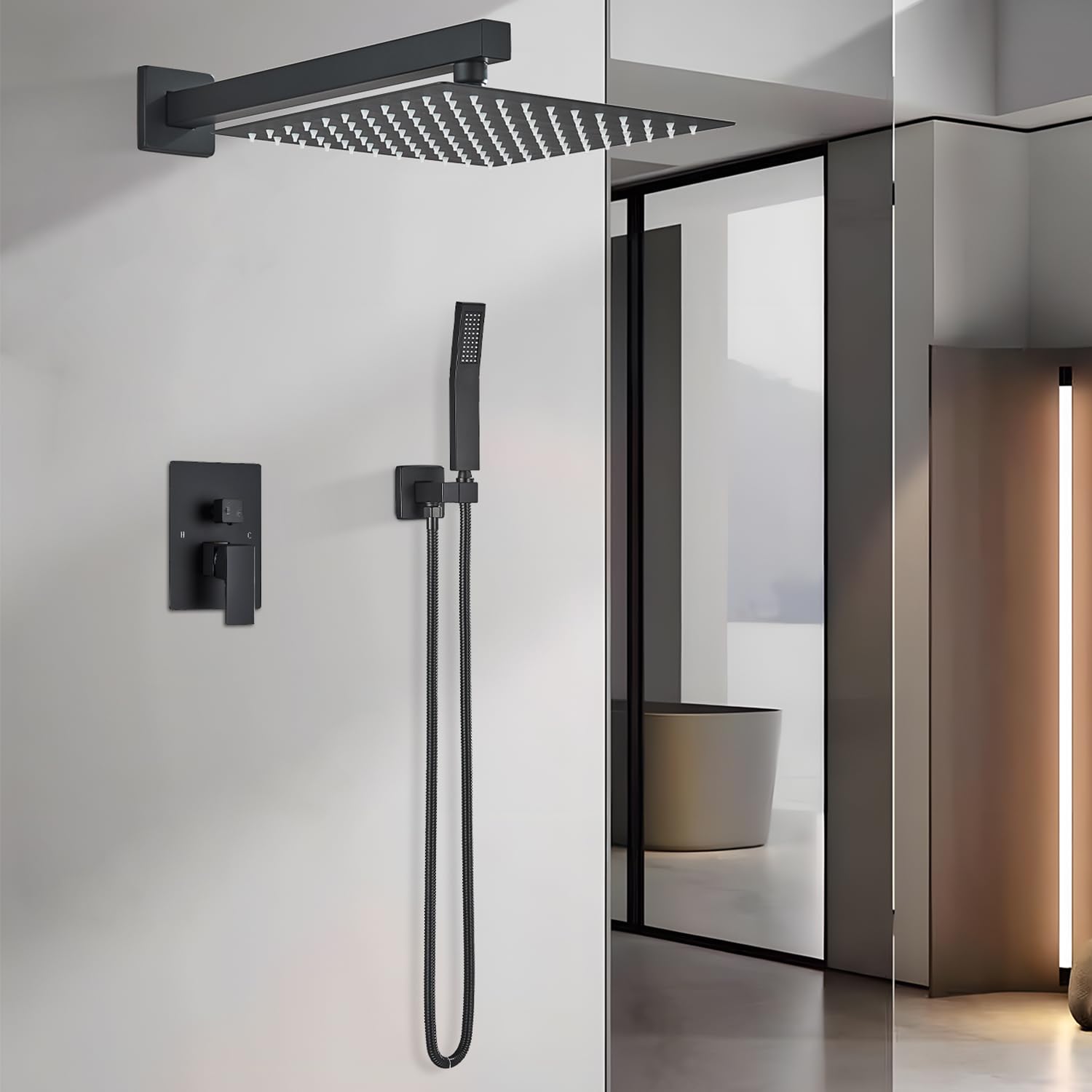 Votamuta Matte Black Shower Faucet Set - 10 Inch Rainfall Shower Head with Handheld Spray - Complete Shower System with Rough-in Valve & Trim Kit - Perfect for Modern Bathroom Renovations & Spa-Like Shower Experience