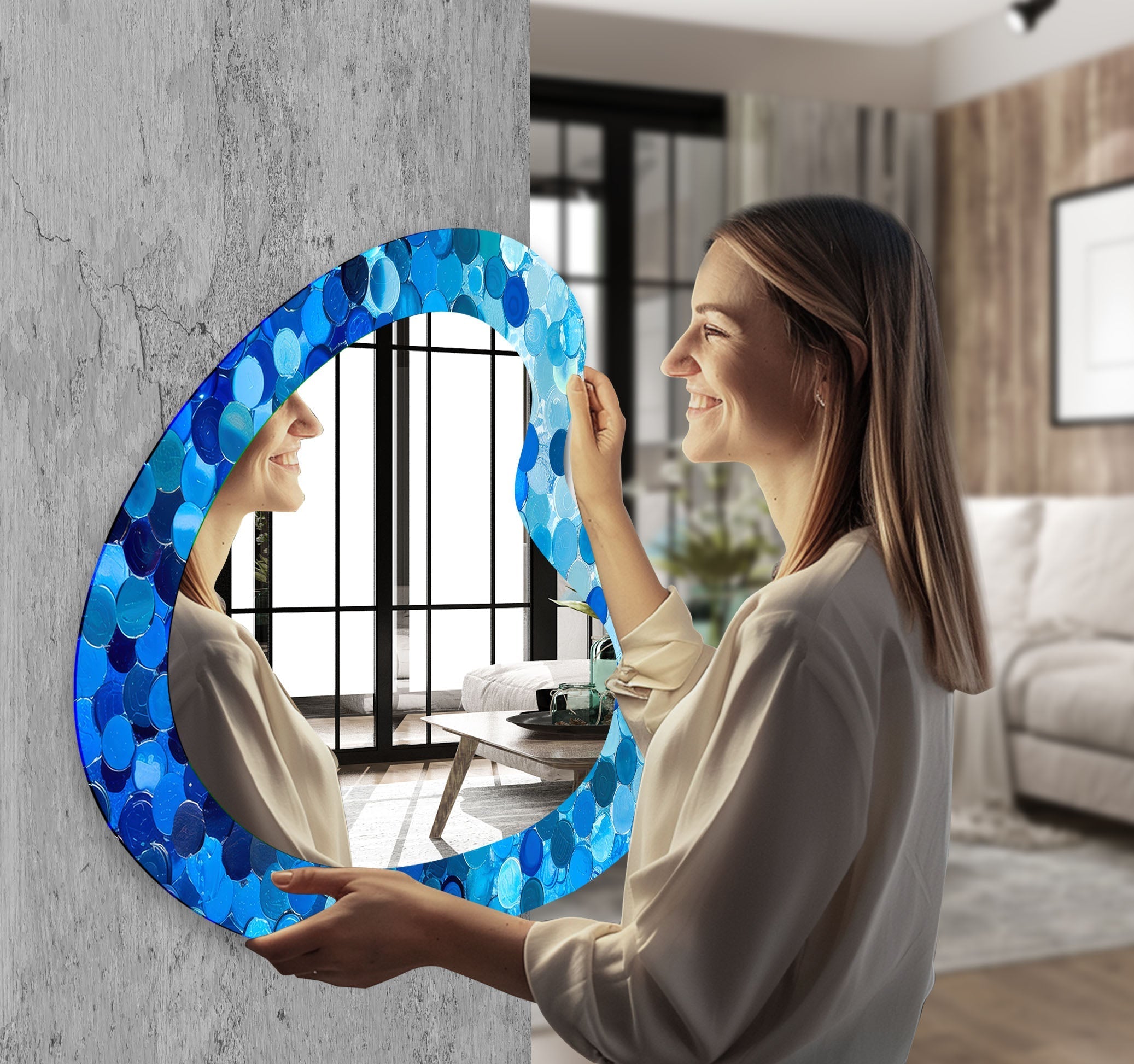 Blue Bubbles Decorative Glass Wall Mirror - Elegant Round Bathroom Vanity Mirror for Bedroom & Living Room Decor