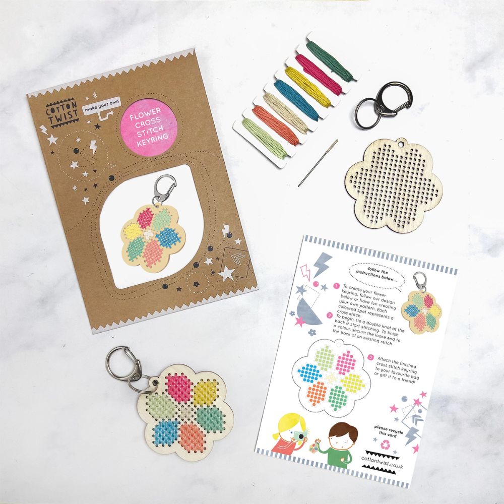 DIY Cotton Twist Flower Cross Stitch Keyring Kit - Handmade Craft Supplies for Embroidery Beginners - Perfect for Keychains, Gifts & Home Decor