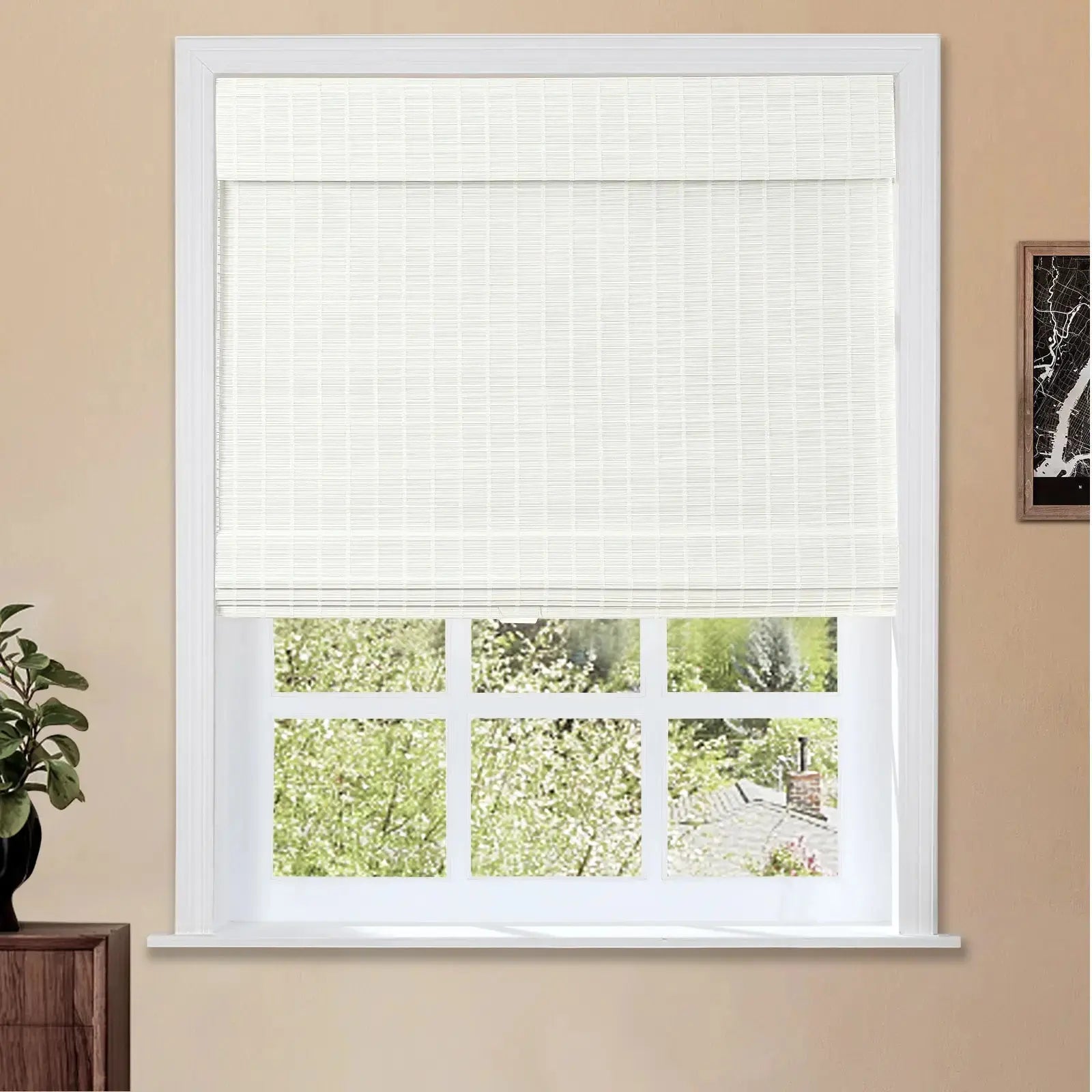 Sybil Bamboo Roman Shade Cord Lift - Natural Wood Window Blinds for Home & Office - Perfect for Living Room, Bedroom, and Kitchen Privacy