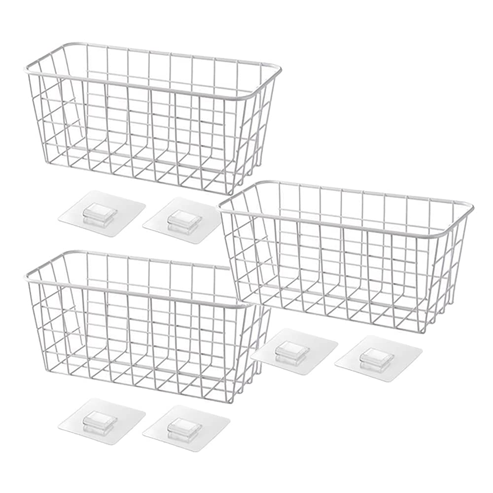 WIJIN 3 Pack Metal Wall Mount Storage Baskets - Organizer Bins for Kitchen, Bathroom, Pantry, Closet, Laundry & Garage - Space Saving Home Organization Solution (Perfect for Spices, Toiletries, Cleaning Supplies & Small Items)