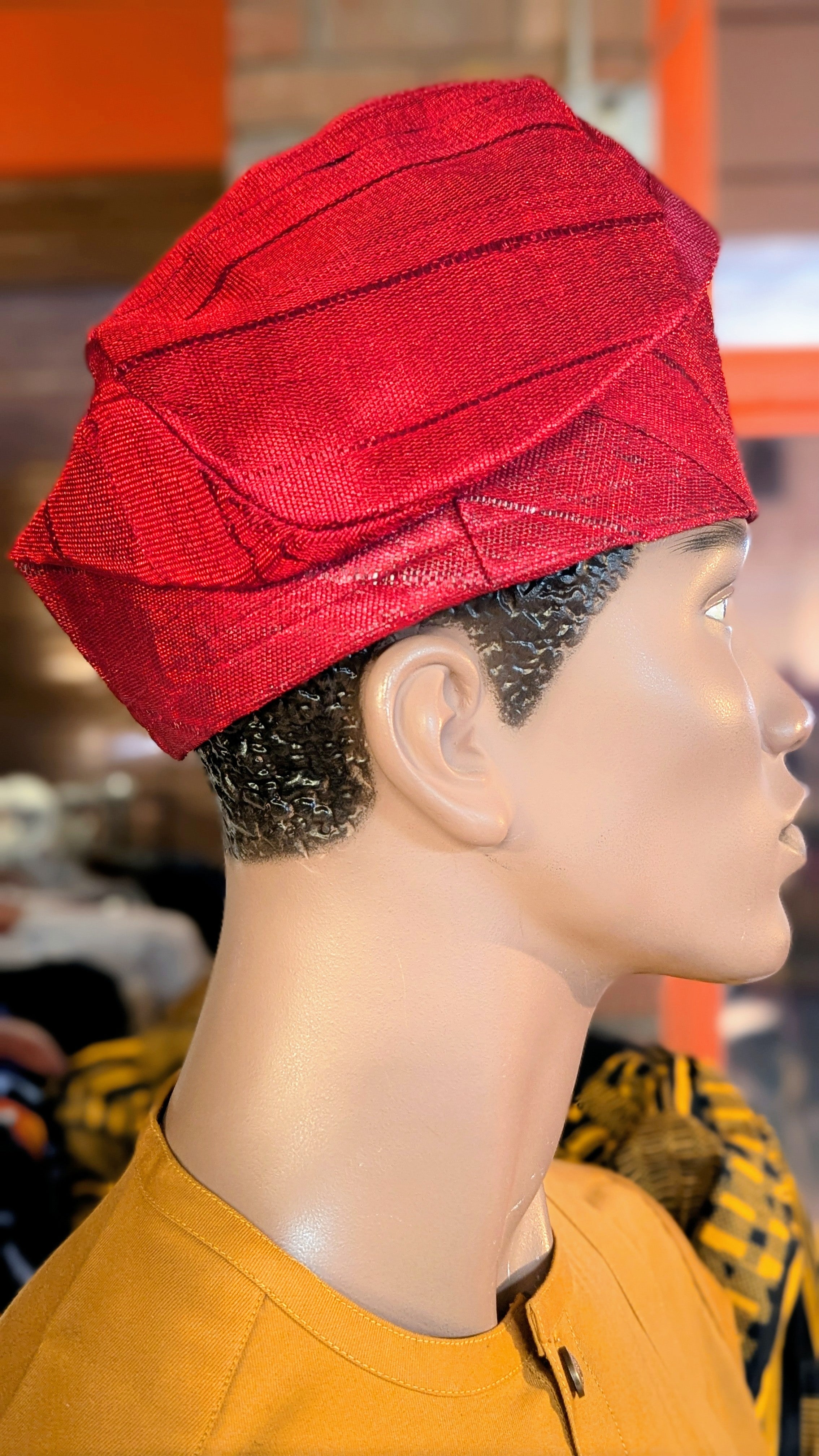 Handwoven Red Idowu Aso Oke Kufi Cap by Dupsie | Traditional African Hat for Men | Perfect for Weddings, Cultural Events & Special Occasions